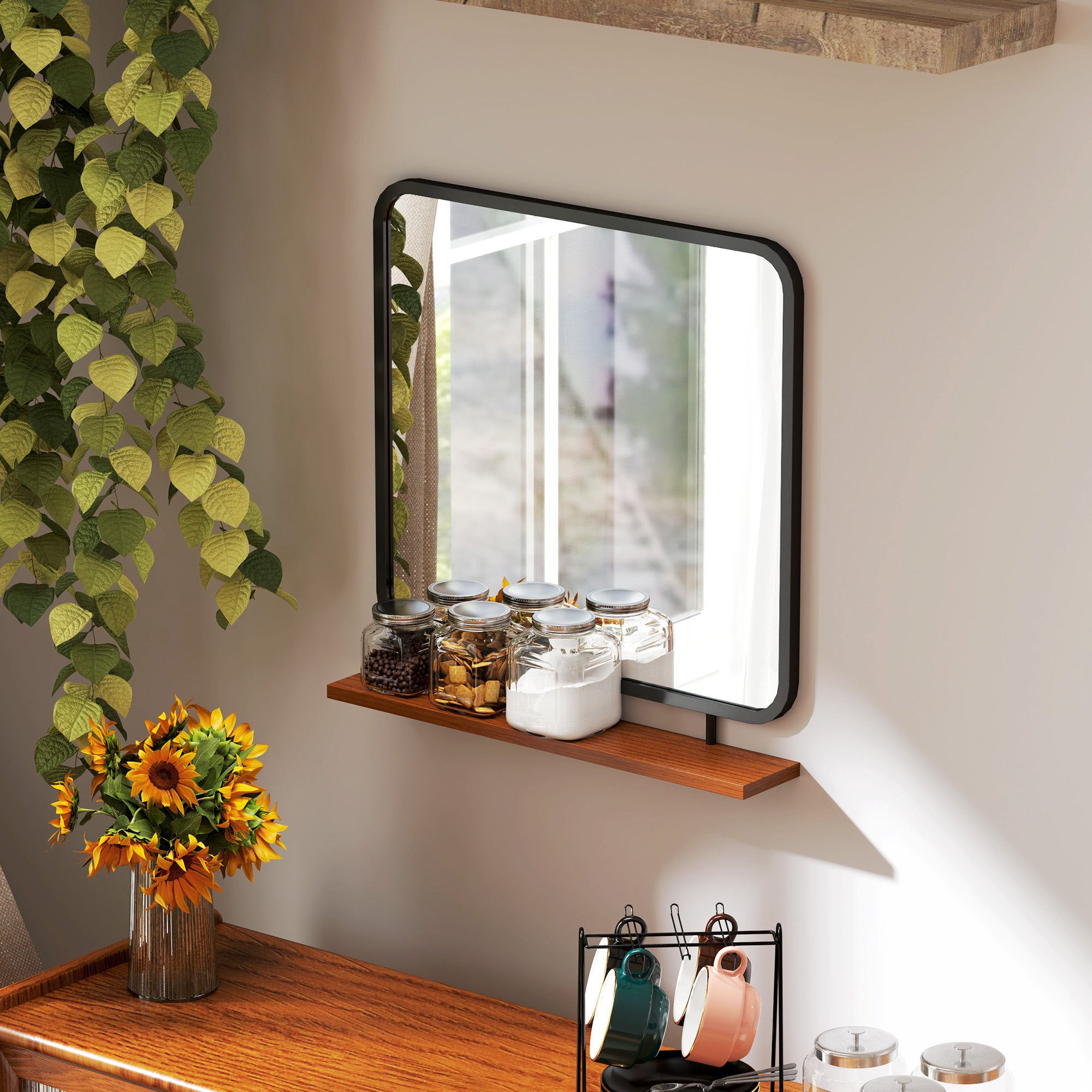 HOMCOM Wandspiegel mit Ablage, Vintage-Design, Metallrahmen, Paulownia-Holz, 55 x 55,5 cm, Schwarz/Holz