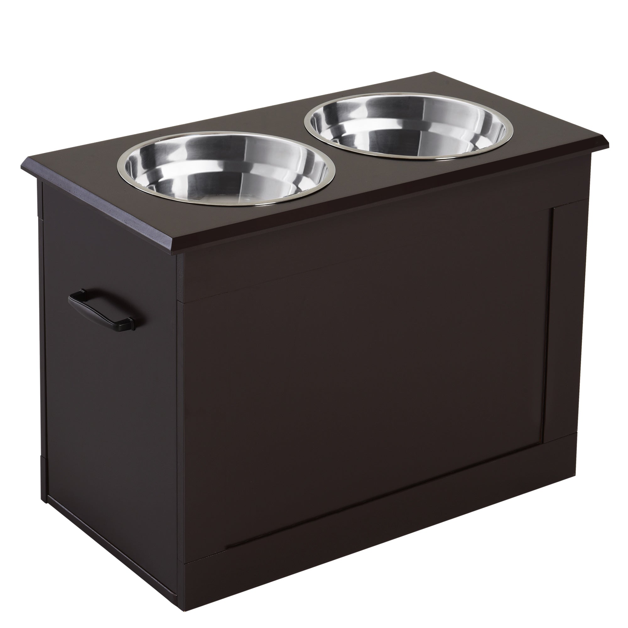 PawHut Futterstation, 2 Fressnäpfe aus Edelstahl, versteckter Stauraum, 60 cm x 30 cm x 41 cm, Schwarz + Silber
