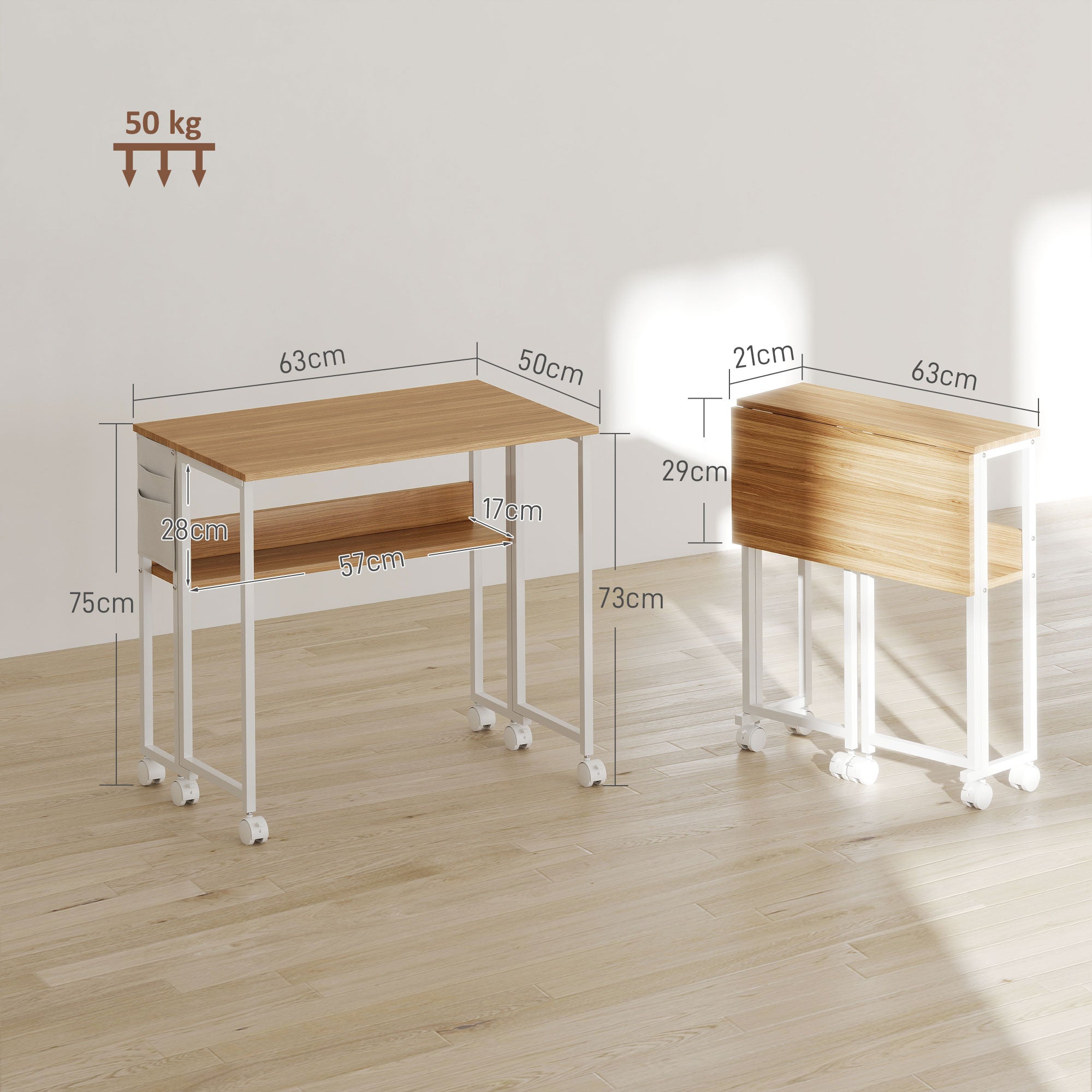 HOMCOM Faltbarer Schreibtisch, zum Beistelltisch umwandelbar, offenes Regal, Natur