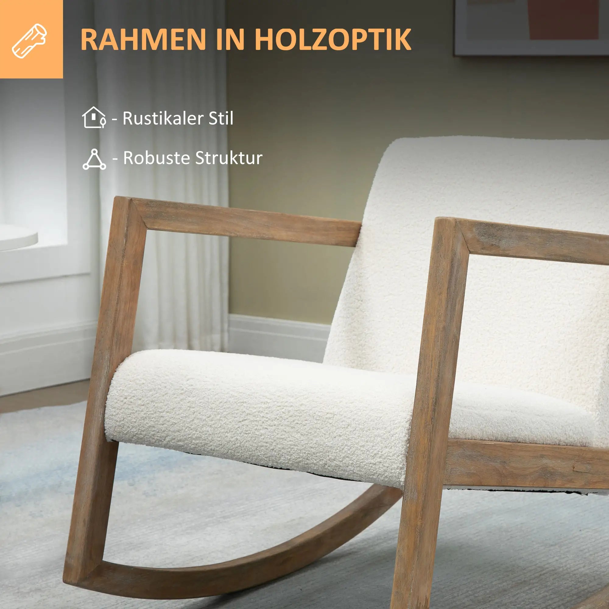 HOMCOM Schaukelstuhl mit Holzrahmen gepolstert Relax Stuhl Sessel Stuhl Wohnzimmersessel Lounge mit gepolsterter Sitzfläche Kautschukholz Cremeweiß 60 x 81 x 71 cm