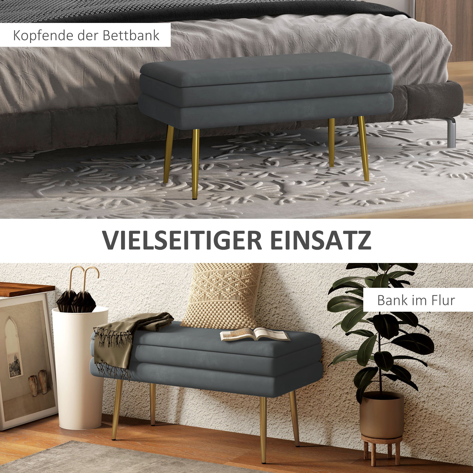 HOMCOM Sitzbank Polsterbank, mit Stauraum, Stahl, 79,5 cm x 37,5 cm x 43 cm, Dunkelgrau