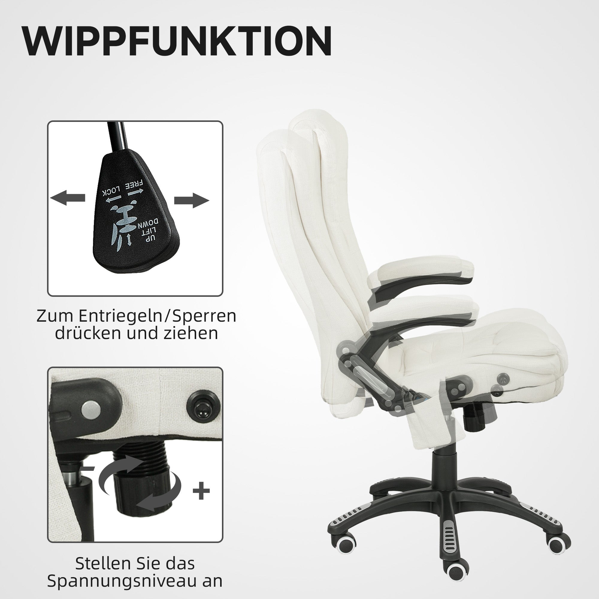 Vinsetto Ergonomischer Schreibtischstuhl mit Massagefunktion, 68 x 72 x 110–120 cm, Cremeweiß