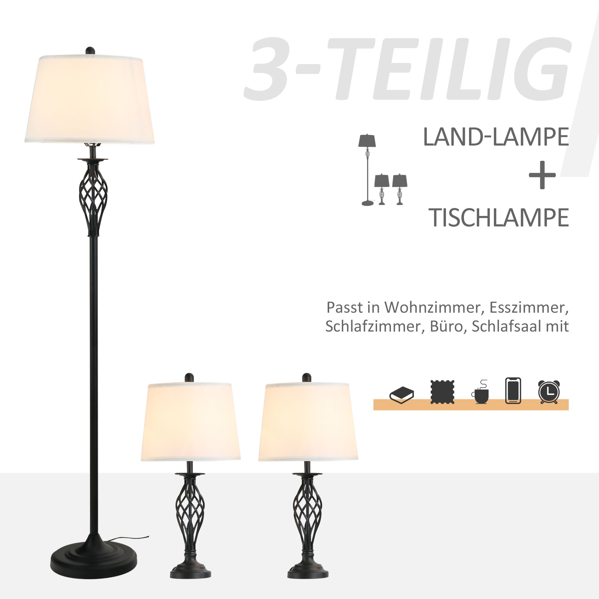 HOMCOM 3er-Lampenset 2 Tischlampe(ø38 x 158H cm) + 1 Stehlampe(ø30 x 62H cm) Metall, PS, Polyester, Baumwolle, Vintage, Schwarz+Weiß