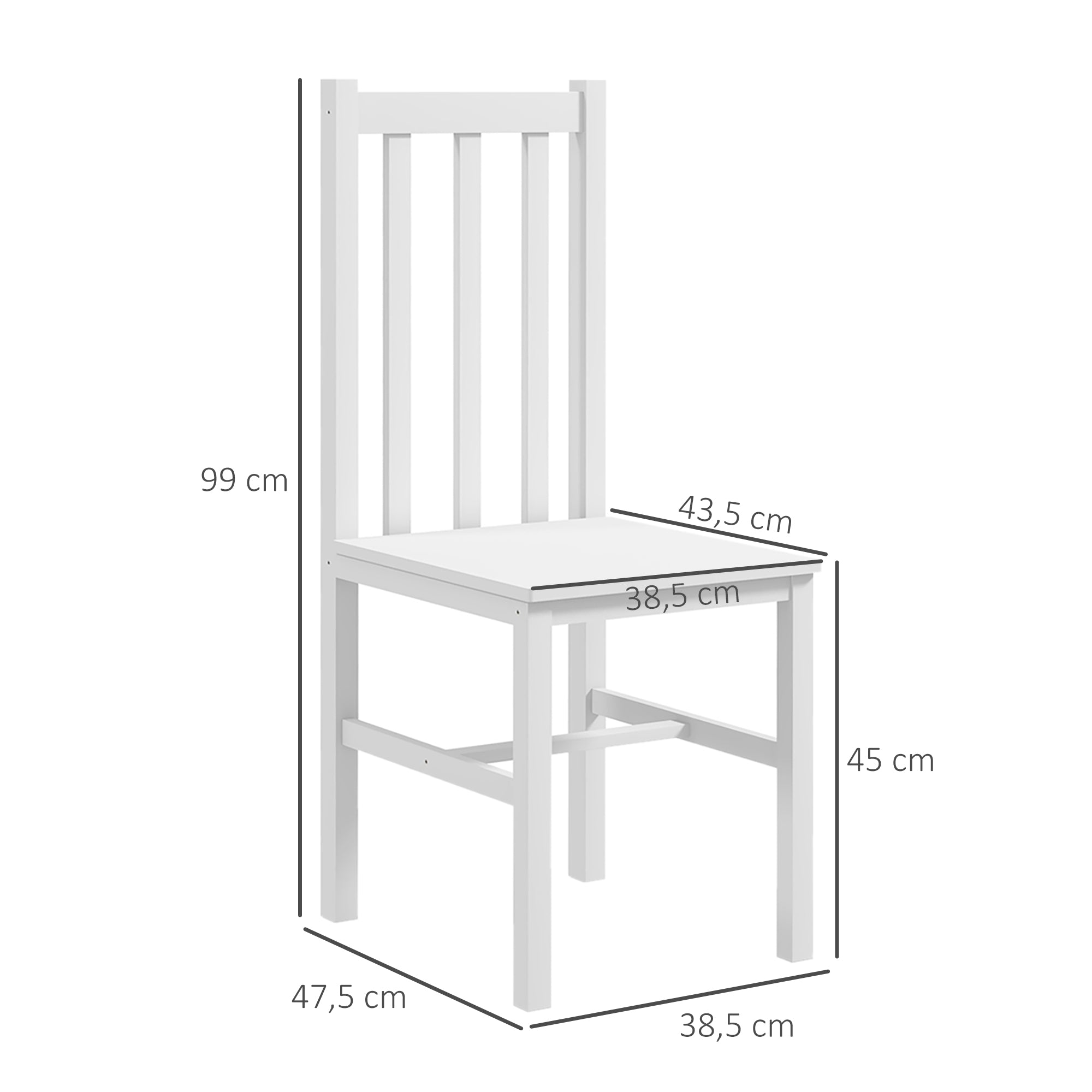 HOMCOM 2er-Set Küchenstühle Esszimmerstühle Stühle, Massivholz, modernes Design, 38, 5 cm x 47,5 cm x 99 cm, Weiß