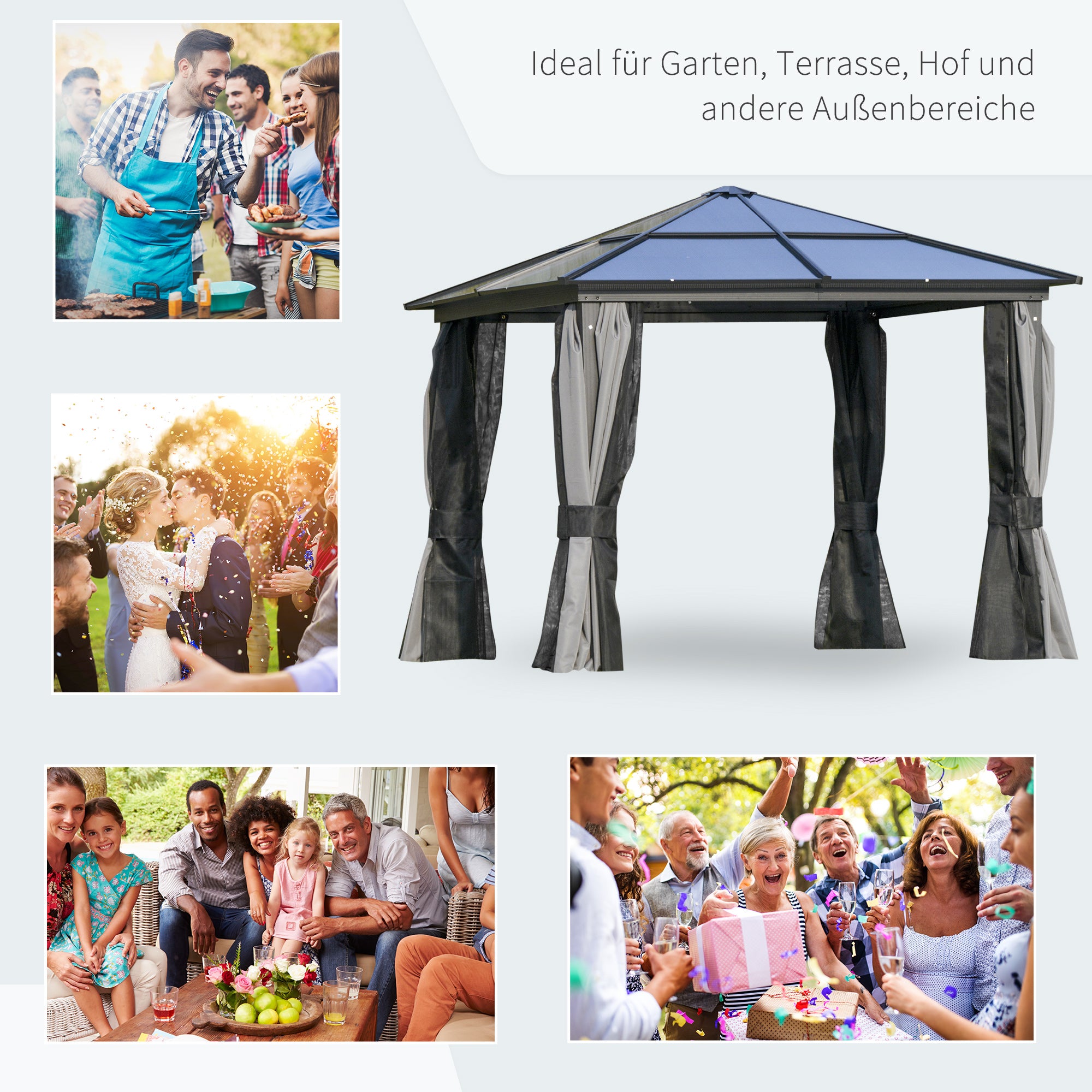 Outsunny Pavillon mit Polycarbonatdach, Vorhänge mit Fliegennetz, Alugestell, grau, 3 x 3 x 2,6 m
