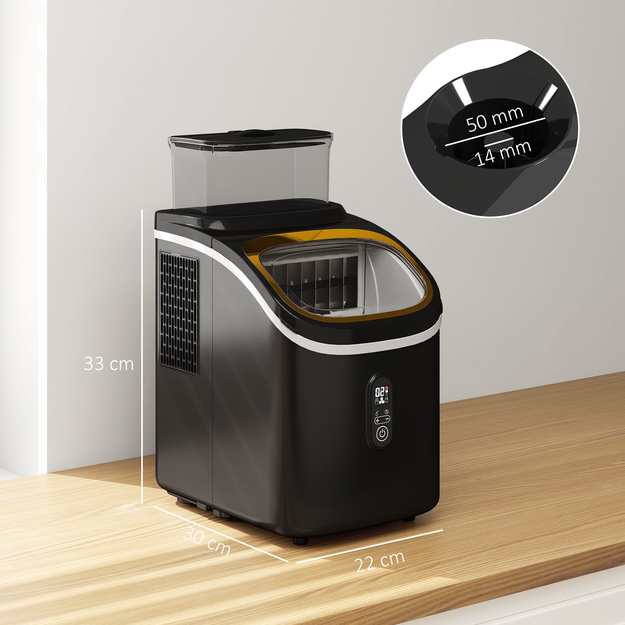 HOMCOM Eiswürfelmaschine, leiser Betrieb, kompaktes Design, mit Eiskorb, Schaufel, Schwarz