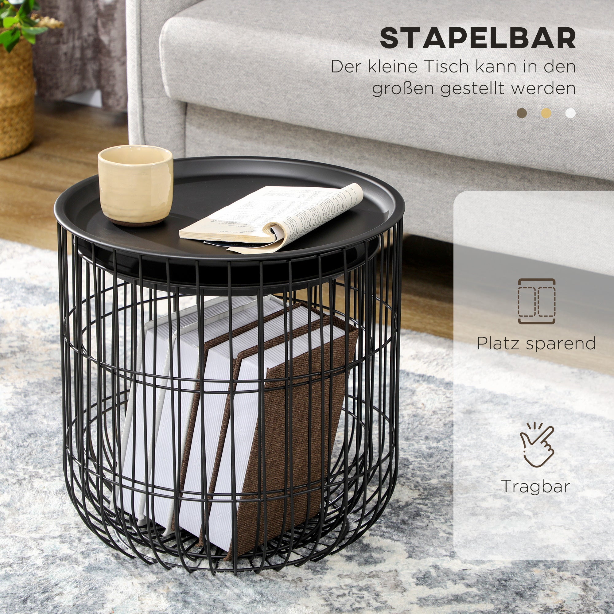 HOMCOM 2er-Set Beistelltische im Skandidesign, mit Stauraum, stapelbar, Schwarz