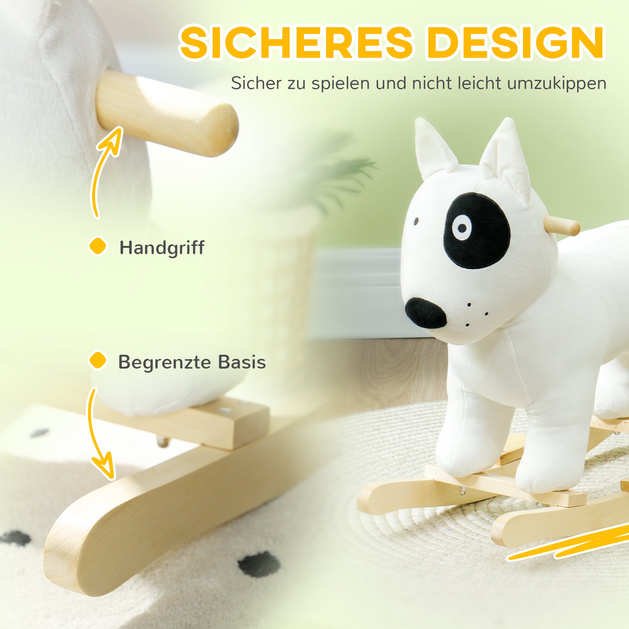 AIYAPLAY Schaukelpferd in Hundeform mit Soundfunktion, aus Holz und Metall, mit Plüschbezug, 2-4 Jahre, Weiß