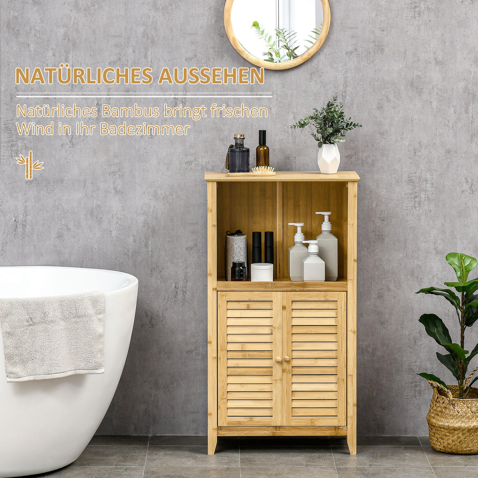 HOMCOM Badezimmerschrank Badschrank Standregal mit 2 Lamellentüren, offenem Regal, Bambus, Aufbewahrungsschrank Schrank für Badezimmer, Wohnzimmer 50 x 25,5 x 92cm Natur