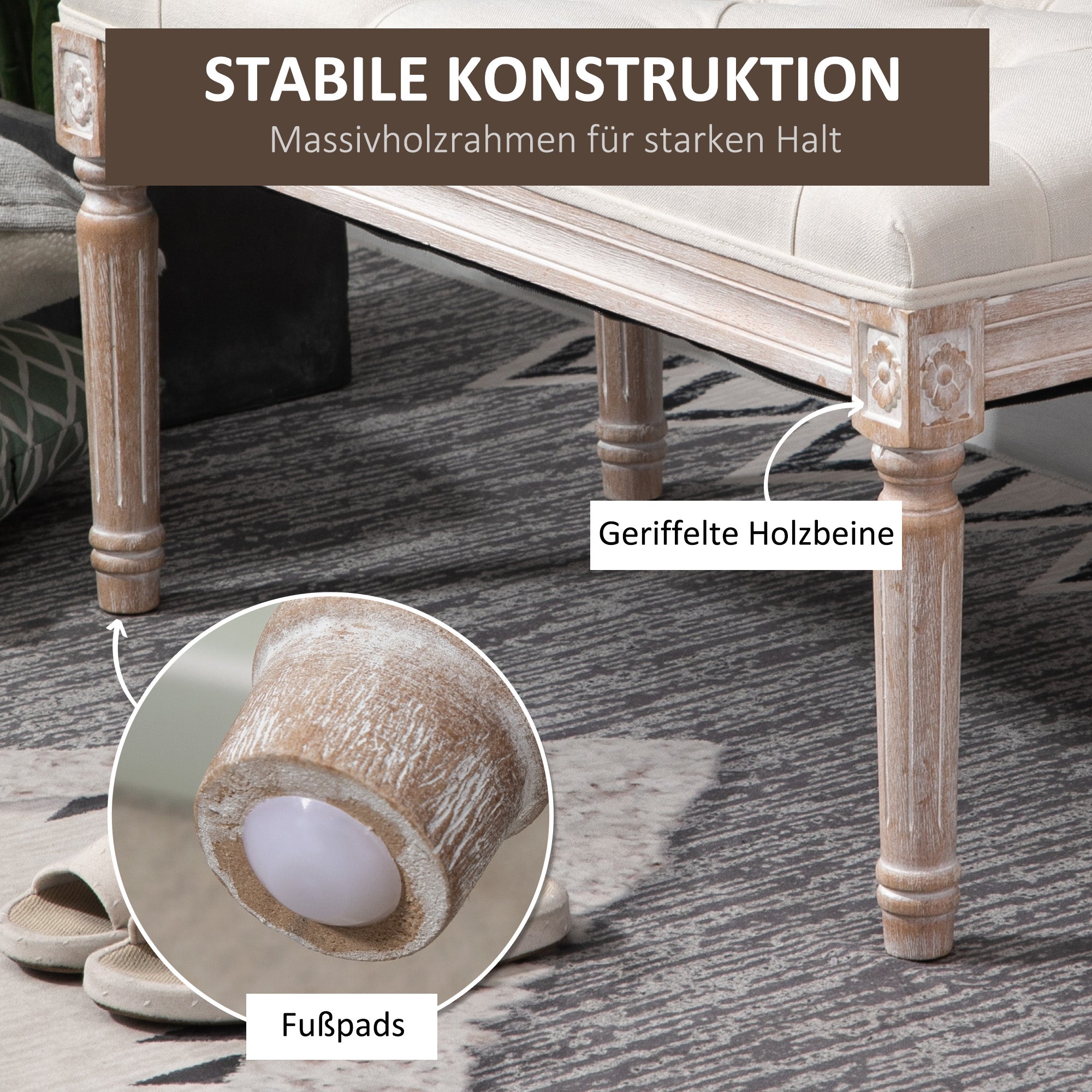 HOMCOM Gepolsterter Sitzhocker, Polsterbank, Fußhocker, Holz und Stoffbezug in Leinenoptik, 80L x 40B x 43H cm, Cremeweiß