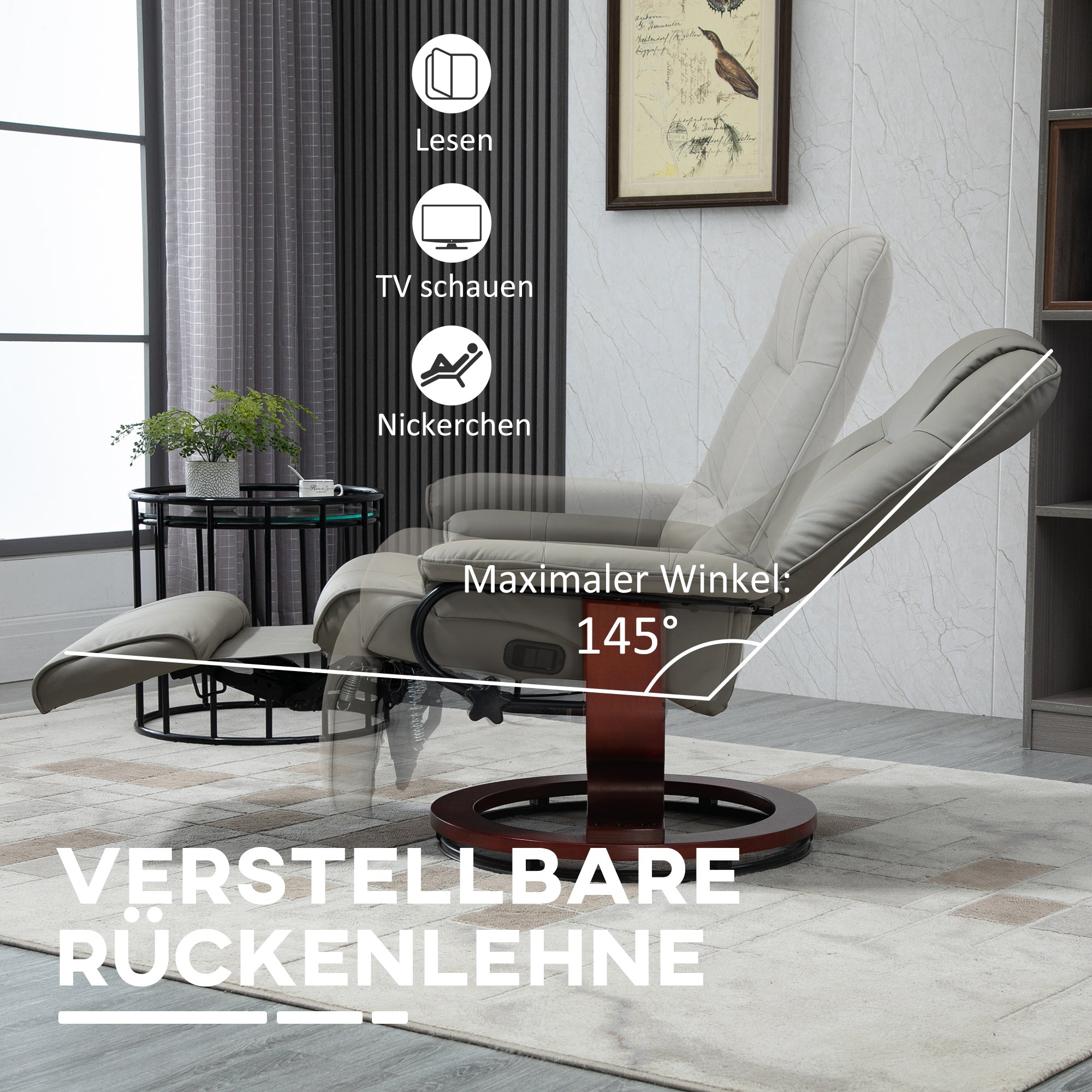 HOMCOM Relaxsessel Fernsehsessel Liegesessel Kunstleder 360° Drehstuhl 145° neigbar Grau 78 x 87 x 100 cm