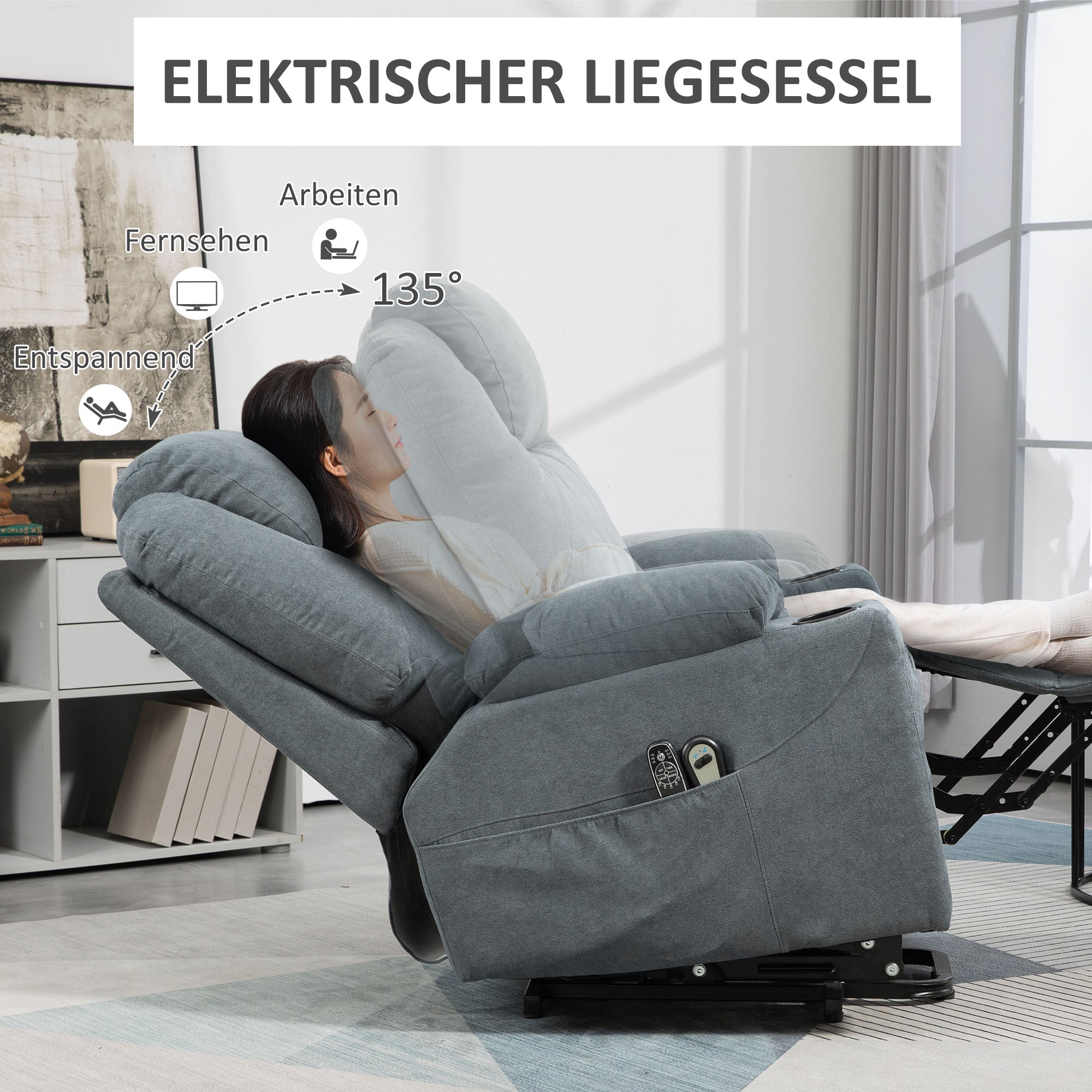 HOMCOM Massagesessel  Aufstehhilfe Seniorensessel, 8 Massagepunkte, Seitentaschen, Fernbedienung, 90L x 101B x 107 cm, Grau
