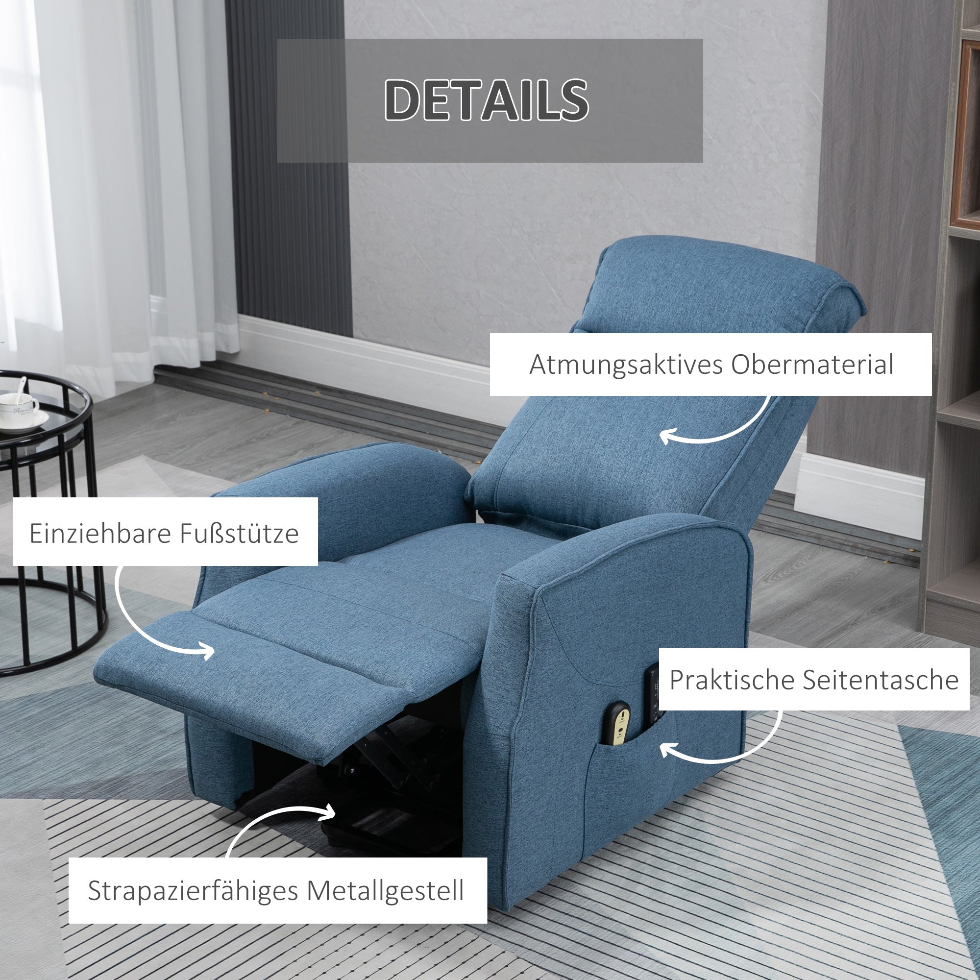 HOMCOM Massagesessel mit Aufstehhilfe, Relaxsessel, inkl. Fernbedienung, 1 Seitentasche, Fußstütze, Blau