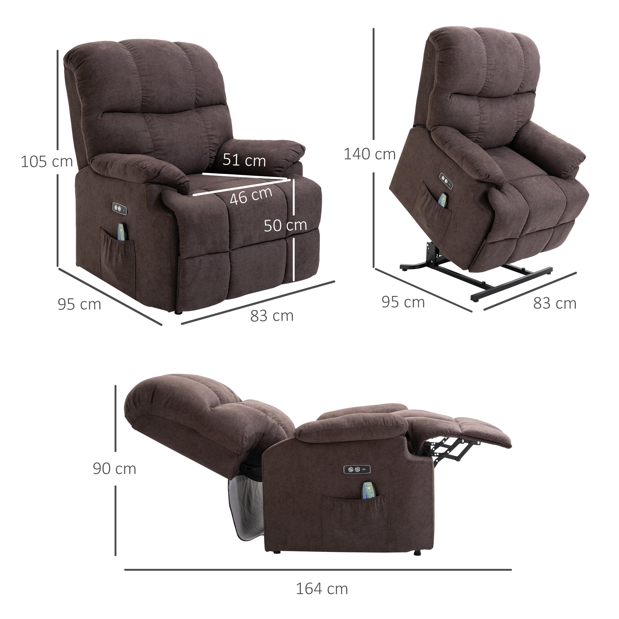 HOMCOM Relaxsessel mit Aufstehhilfe, 160° verstellbare Rückenlehen, Massage- und Wärmefunktion, 83 cm x 95 cm x 105 cm, Braun