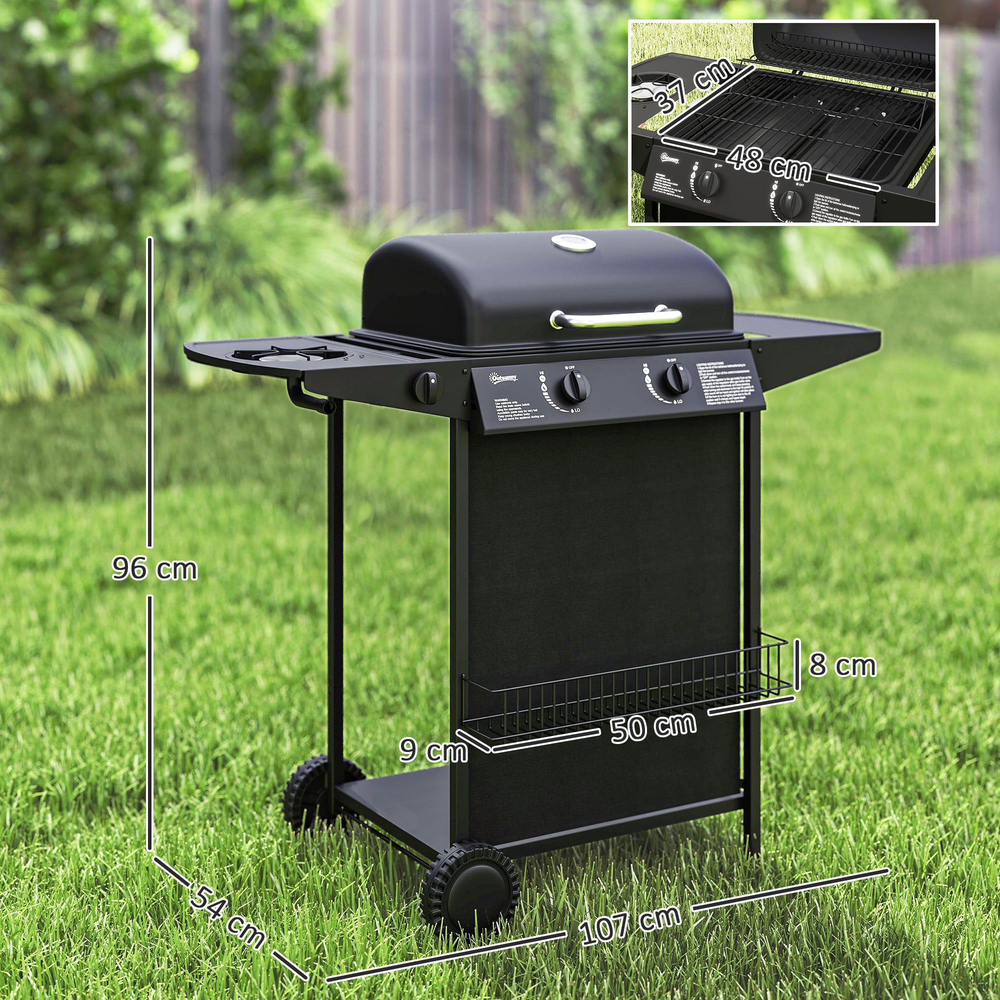 Outsunny Gasgrill 7 KW Grillwagen inkl 3 Brenner Seitenkocher Rolle Deckel 107 x 54 x 96 cm Schwarz