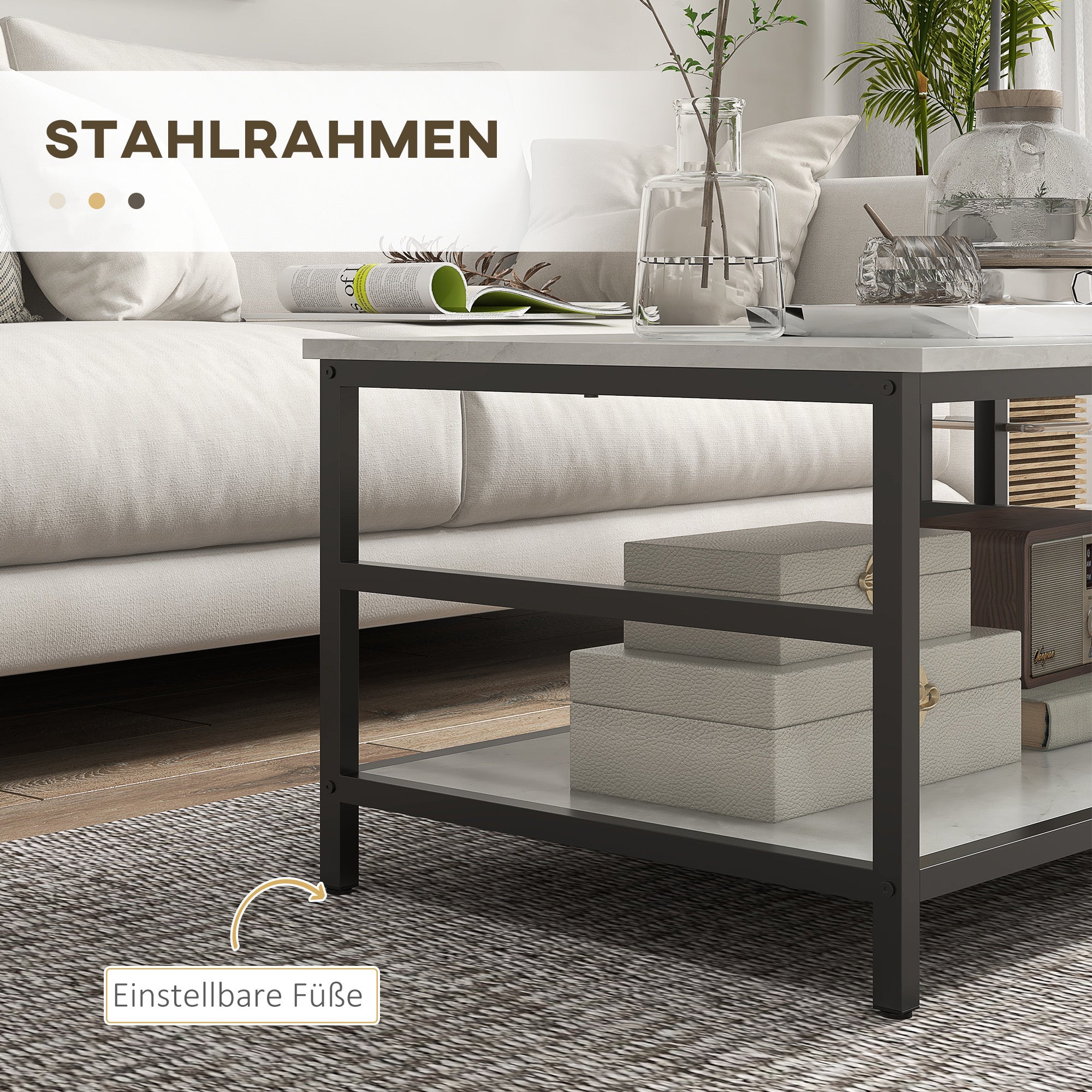 HOMCOM Couchtisch-Set, 2 Beistelltische, Marmoroptik, verstellbare Füße, Stahl, Schwarz/Weiß