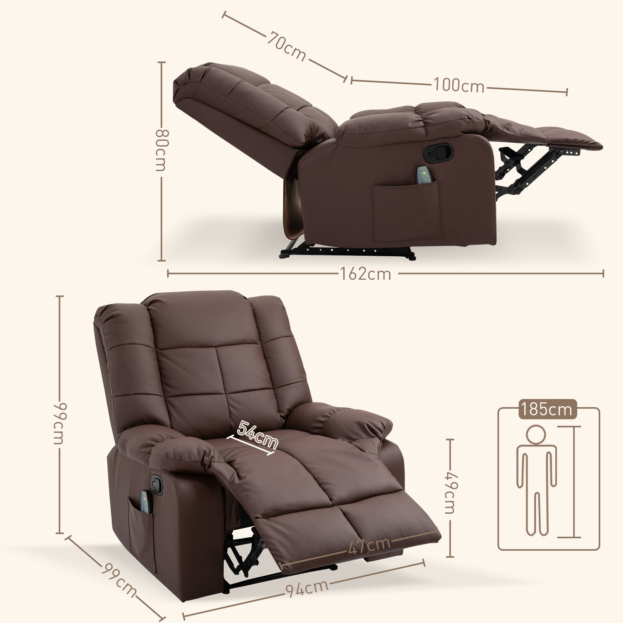 HOMCOM Massagesessel neigbar mit Fernbedienung 94 x 99 x 99cm Kunstleder Braun