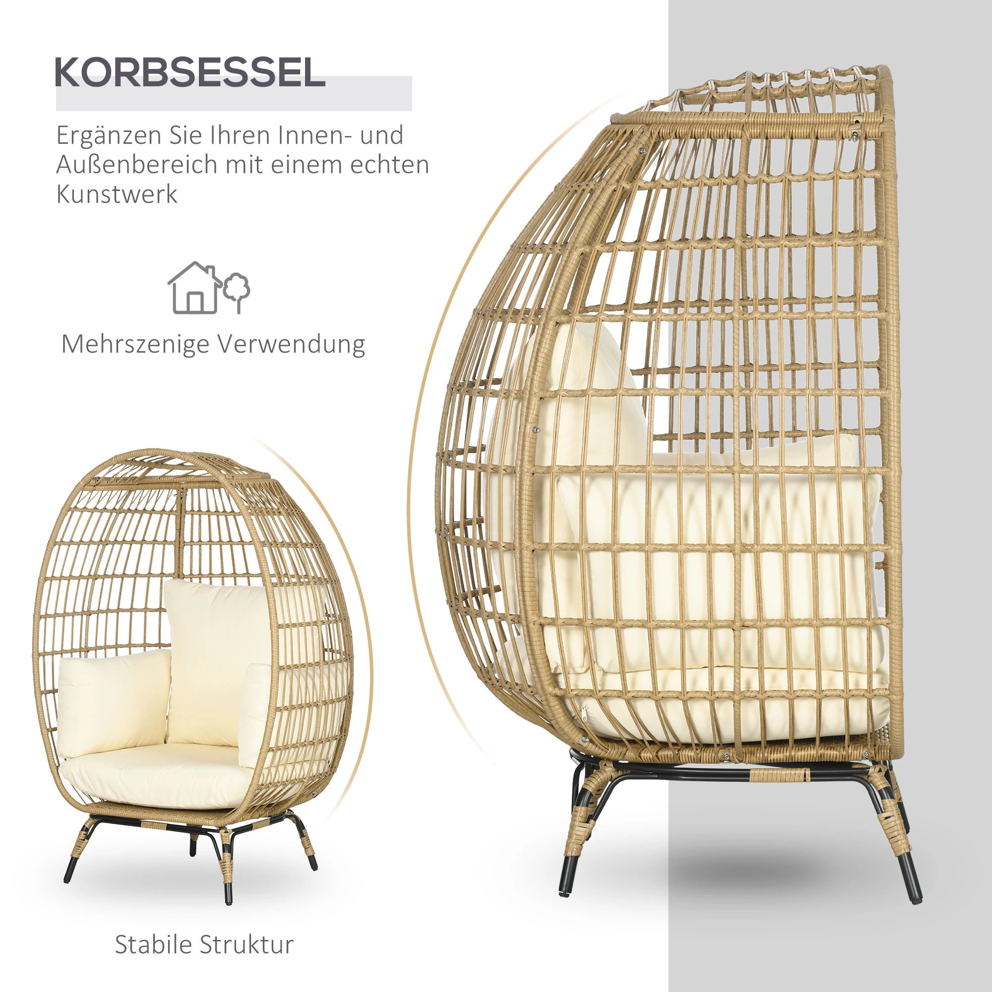Outsunny Korbstuhl in Rattanoptik, weiche Sitzkissen, Aluminiumrahmen, khaki+beige, 105 x 90 x 148 cm