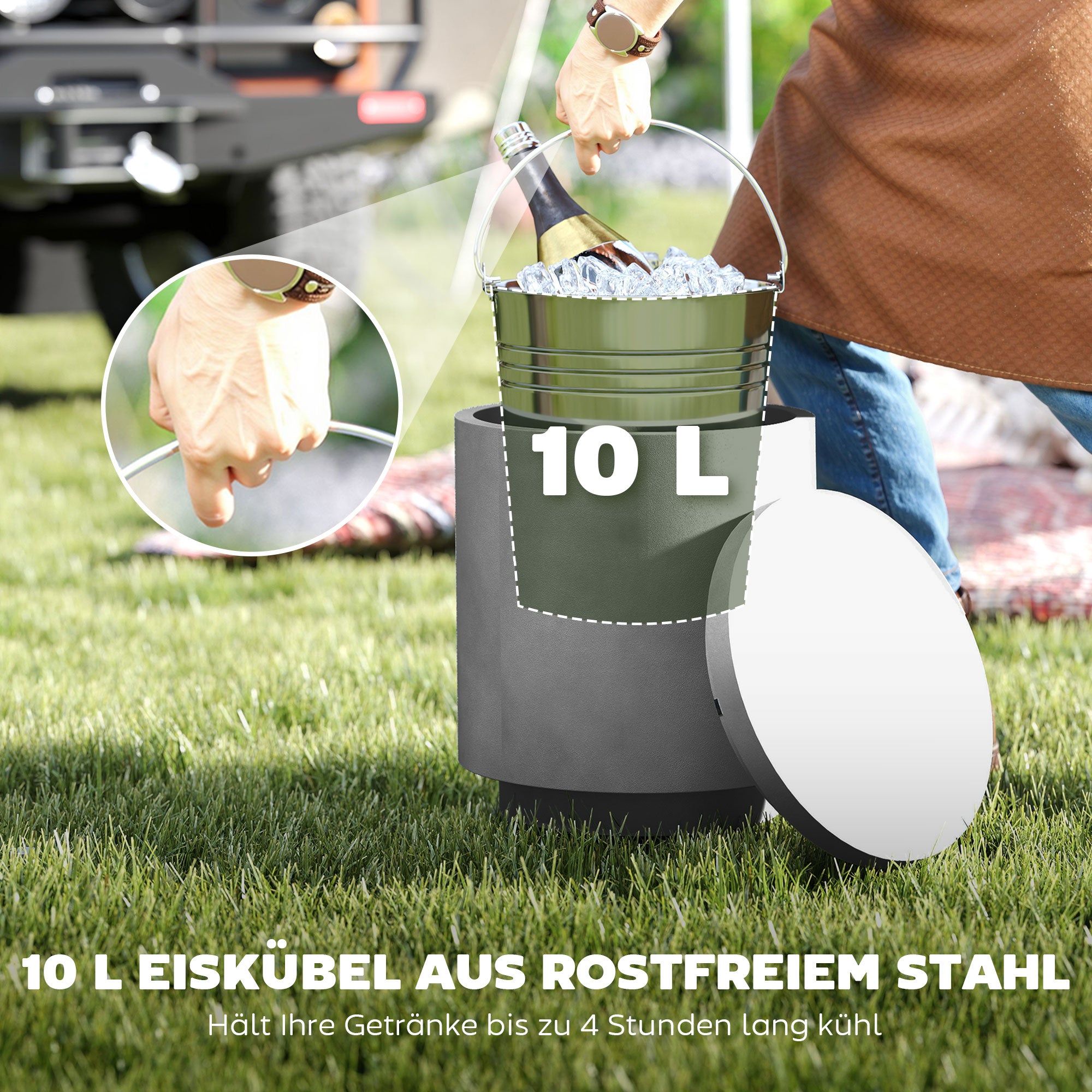 HOMCOM Outdoor-Tisch, Beistelltisch mit Kühler, Eiseimer, Hellgrau