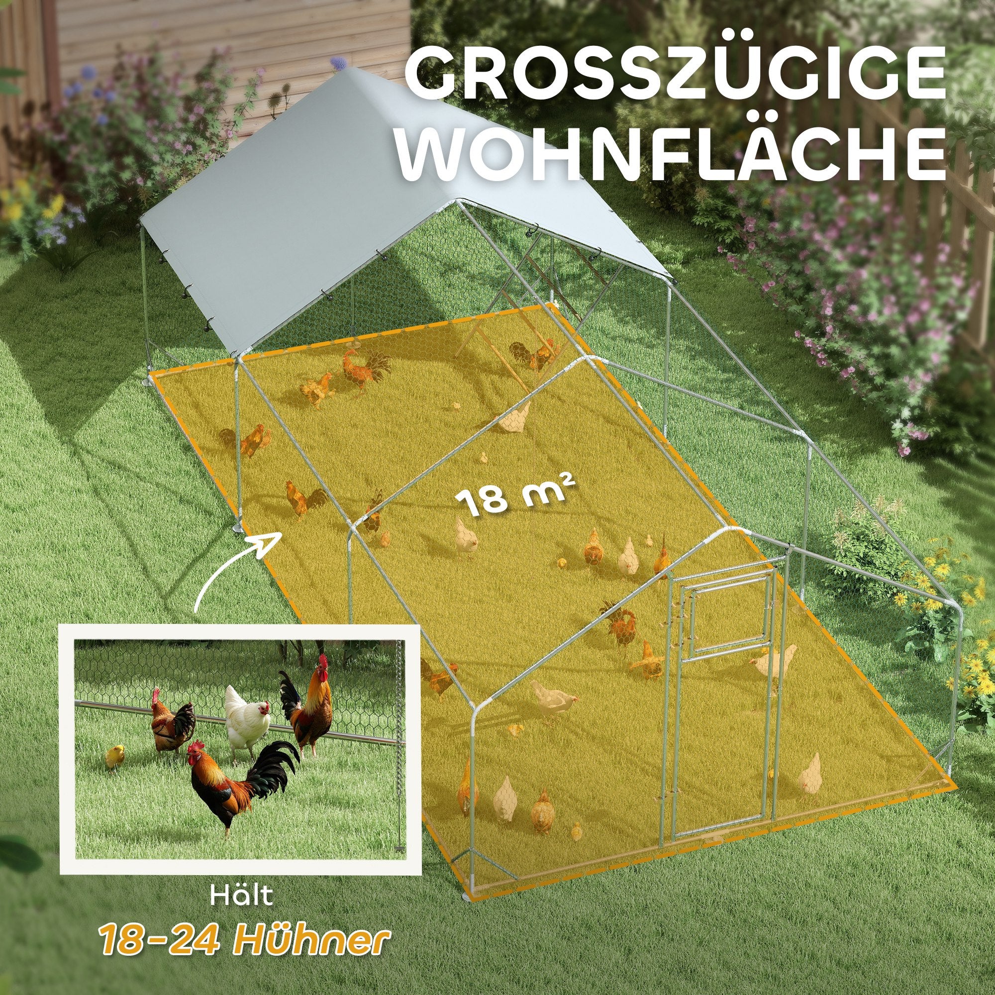 PawHut Hühnerstall, Freilaufgehege für Hühner, mit UV-beständiger Plane, Stahlgitter, Futterautomat, für 18-24 Hühner