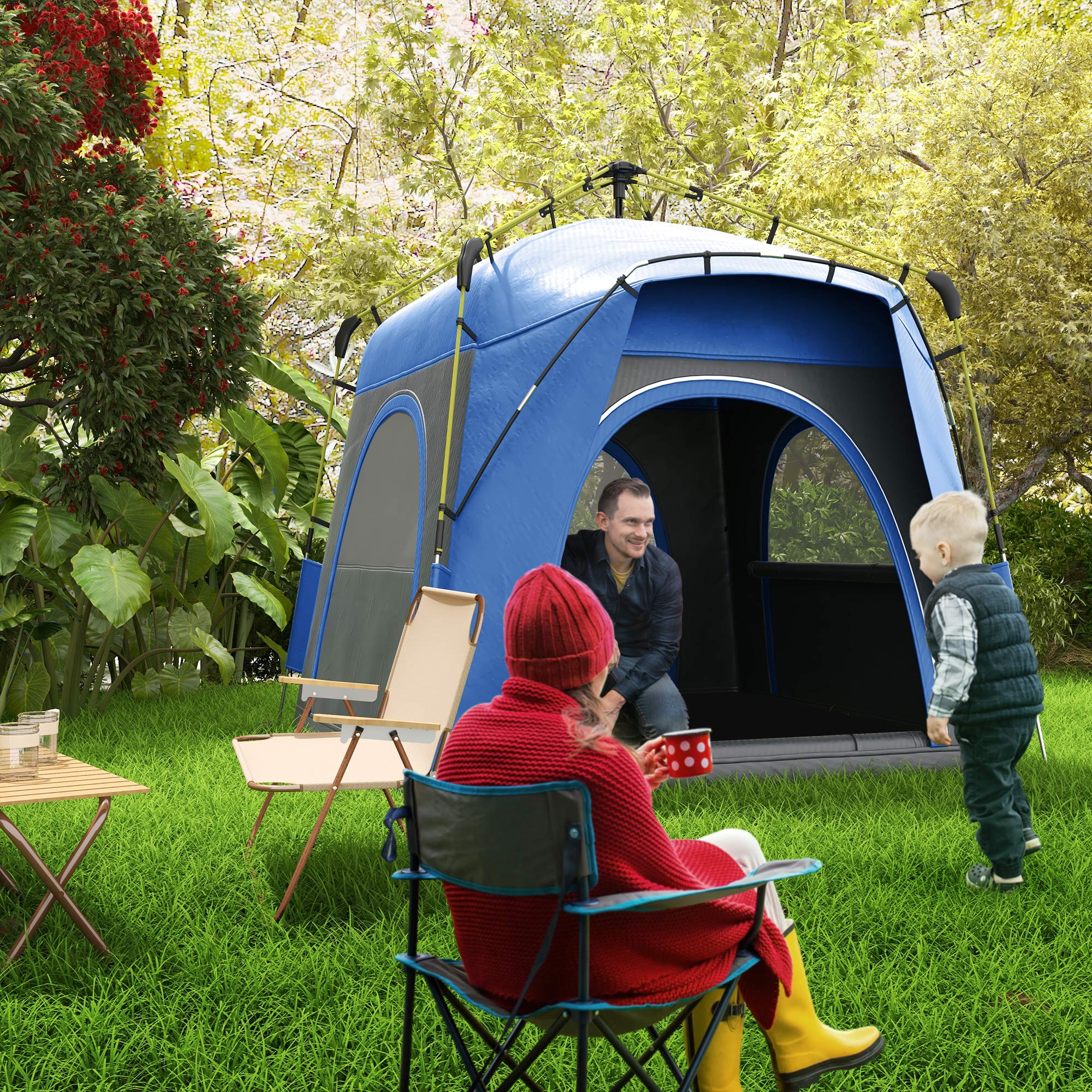 Outsunny Pop Up Kuppelzelt für 4 Personen leicht, stabil wasserdicht UV 50+ mit Haken Tür Fenster, Bodenplane