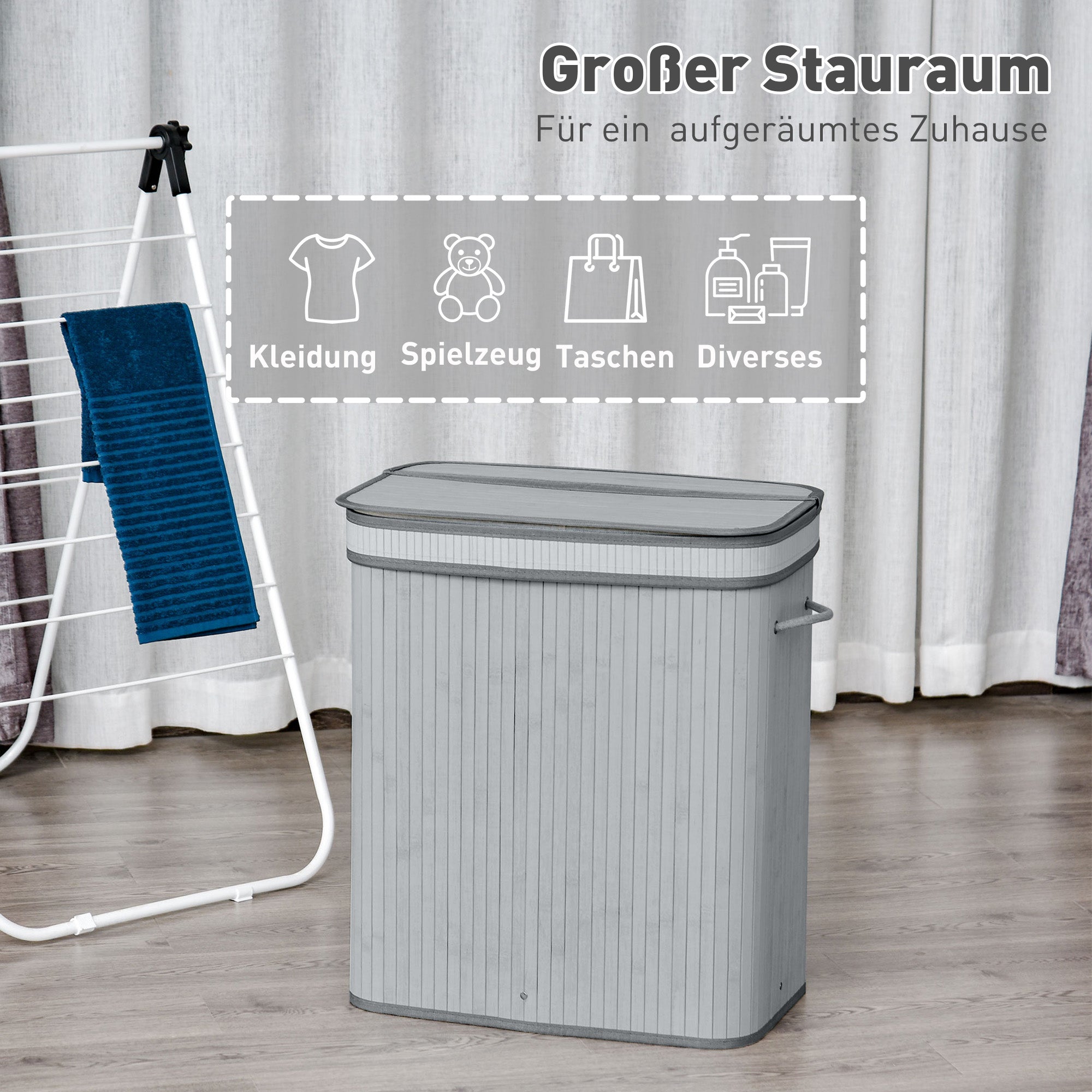 HOMCOM 100 L Wäschekorb aus Bambus, mit Deckel und herausnehmbarem Innenfutter, faltbarer Kleiderkorb, wasserabweisend, Grau