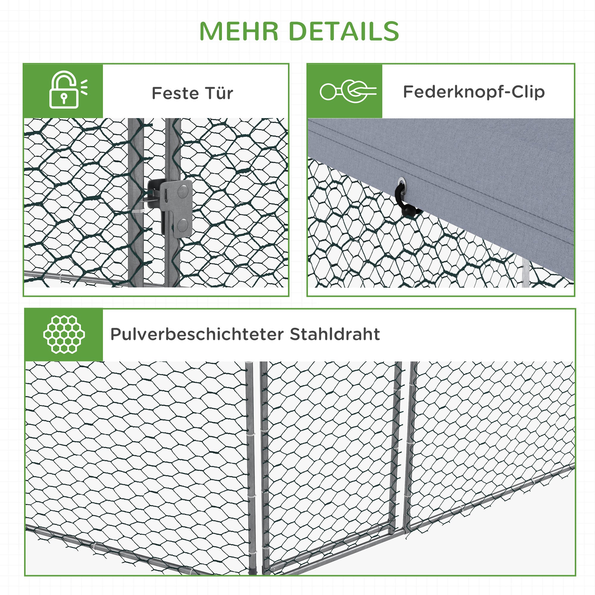 PawHut Hühnergehege mit schattenspendendem Dach, verzinktes Stahl, für 10-15 Tiere, Silber