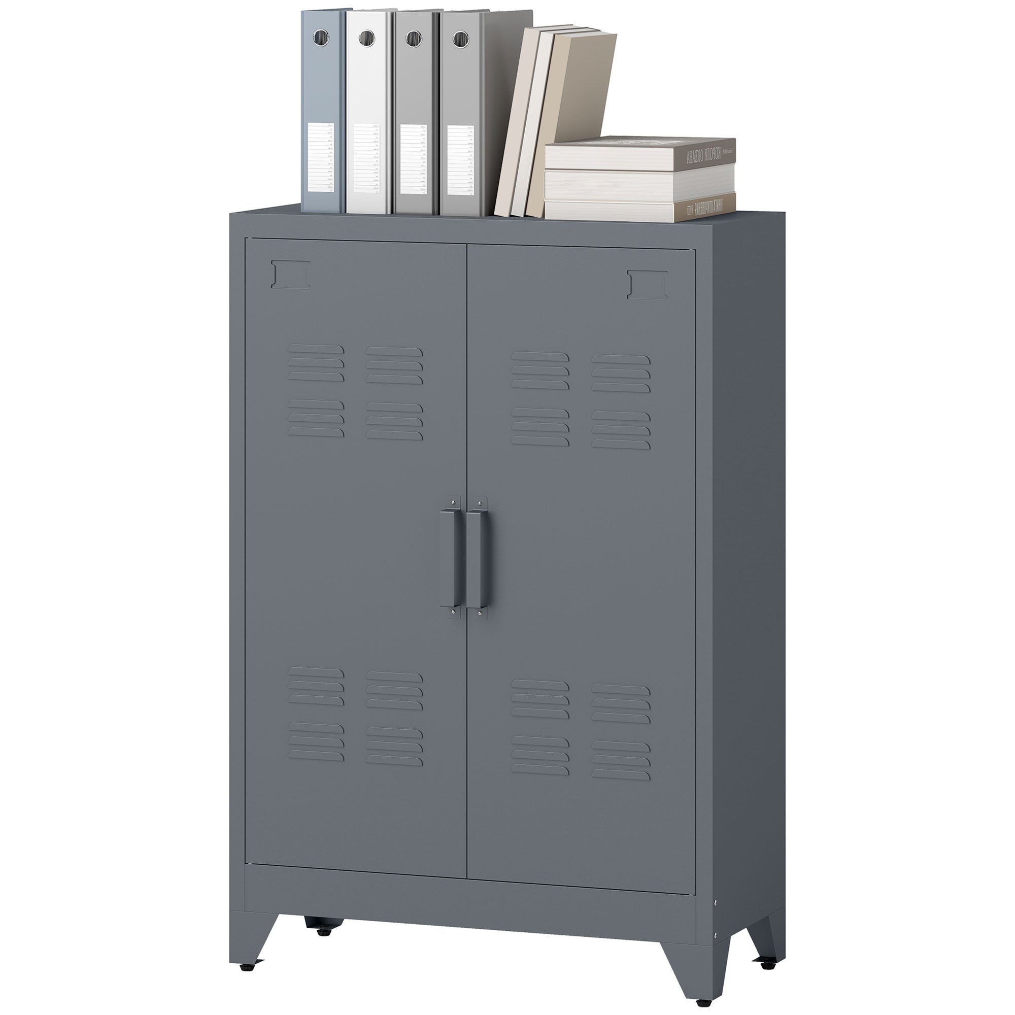 HOMCOM Aktenschrank mit Lamellentüren, Lagerschrank, Metallschrank mit 2 verstellbaren Einlegeböden, 75 x 33 x 110 cm, Grau