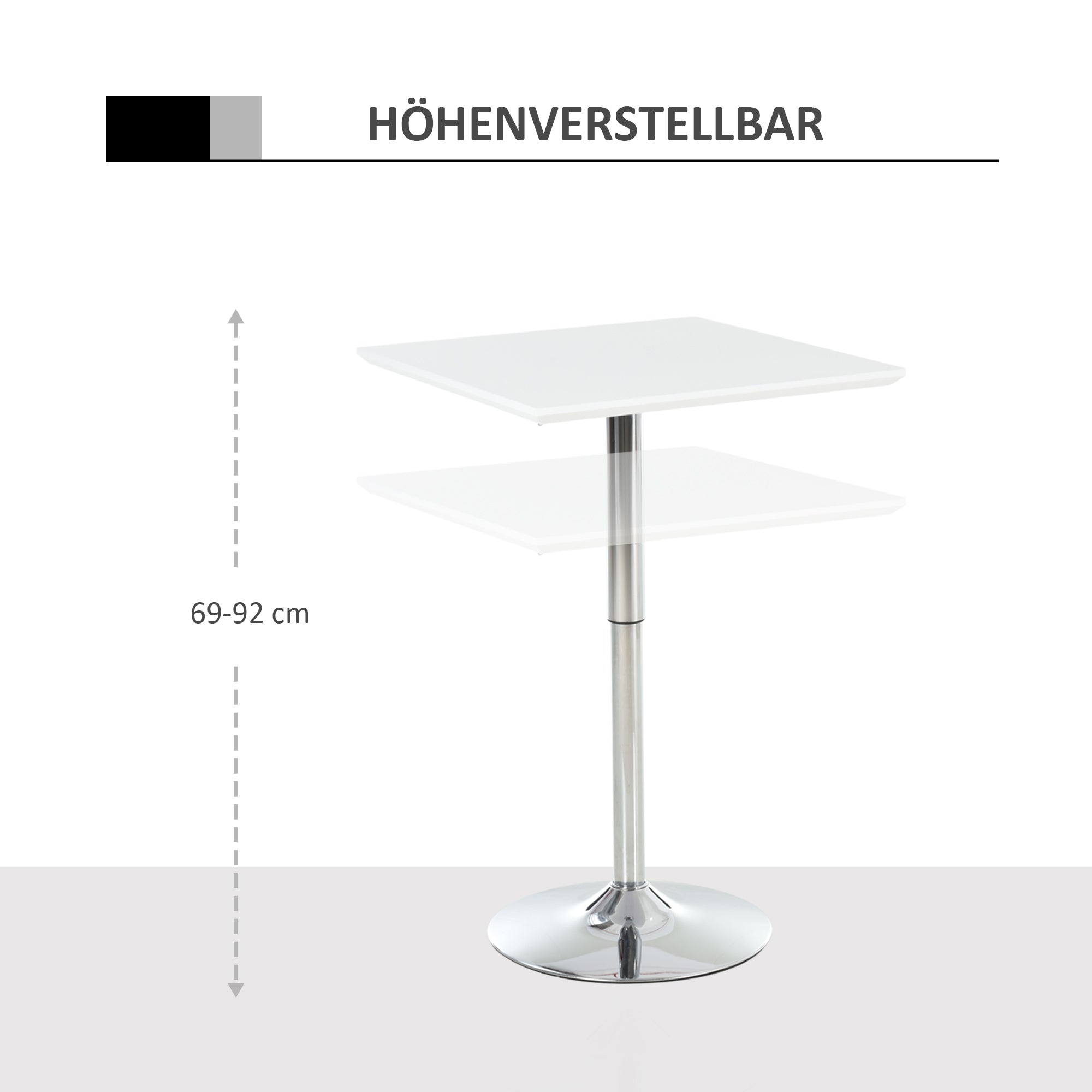 HOMCOM Bartisch Bistrotisch Pub Höhenverstellbarer Quadratischer Stehtisch Tisch Stahl Weiß 60 x 60 x 69-92 cm