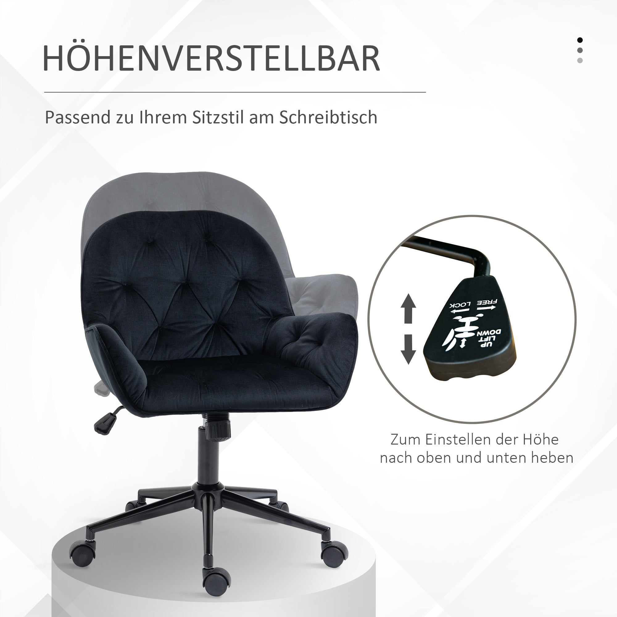 Vinsetto Bürostuhl Drehstuhl Bürosessel höhenverstellbarer Chefsessel Stuhl Schreibtischstuhl Sessel Büro samtartiges Polyester Schwarz 60 x 61 x 81-91 cm