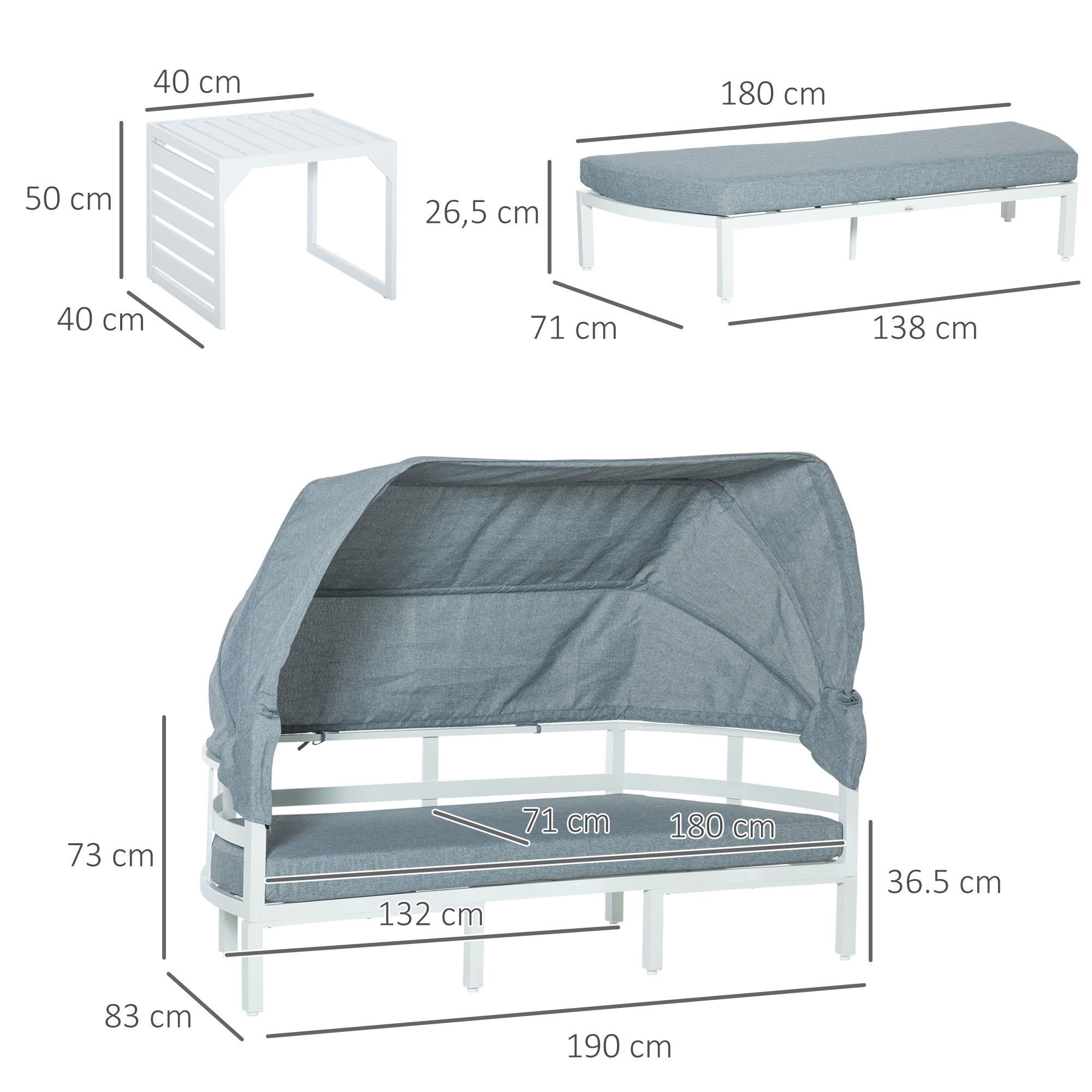 Outsunny Gartenmöbel-Set für 5 Personen, Sonneninsel, Gartensofa mit Baldachin, inkl. Kissen, Weiß + Grau