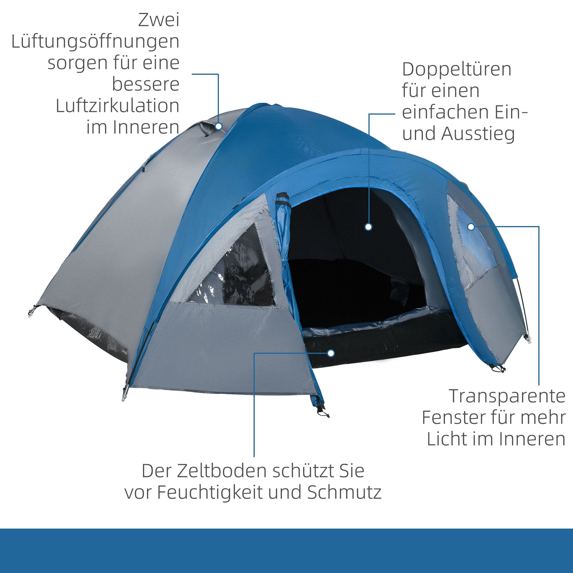 Outsunny Campingzelt für 4 Personen ganzjährig nutzbar 3,00 x 2,50 x 1,30m Blau+Grau