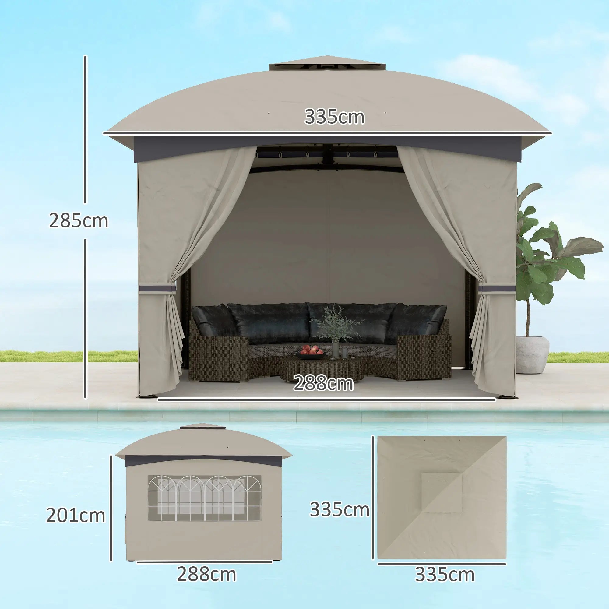 Outsunny 3,4 x 3,4 m Gartenpavillon, Bierzelt mit Lüftungsdach, Bogenfenstern, Stahlgestell, Hellgrau