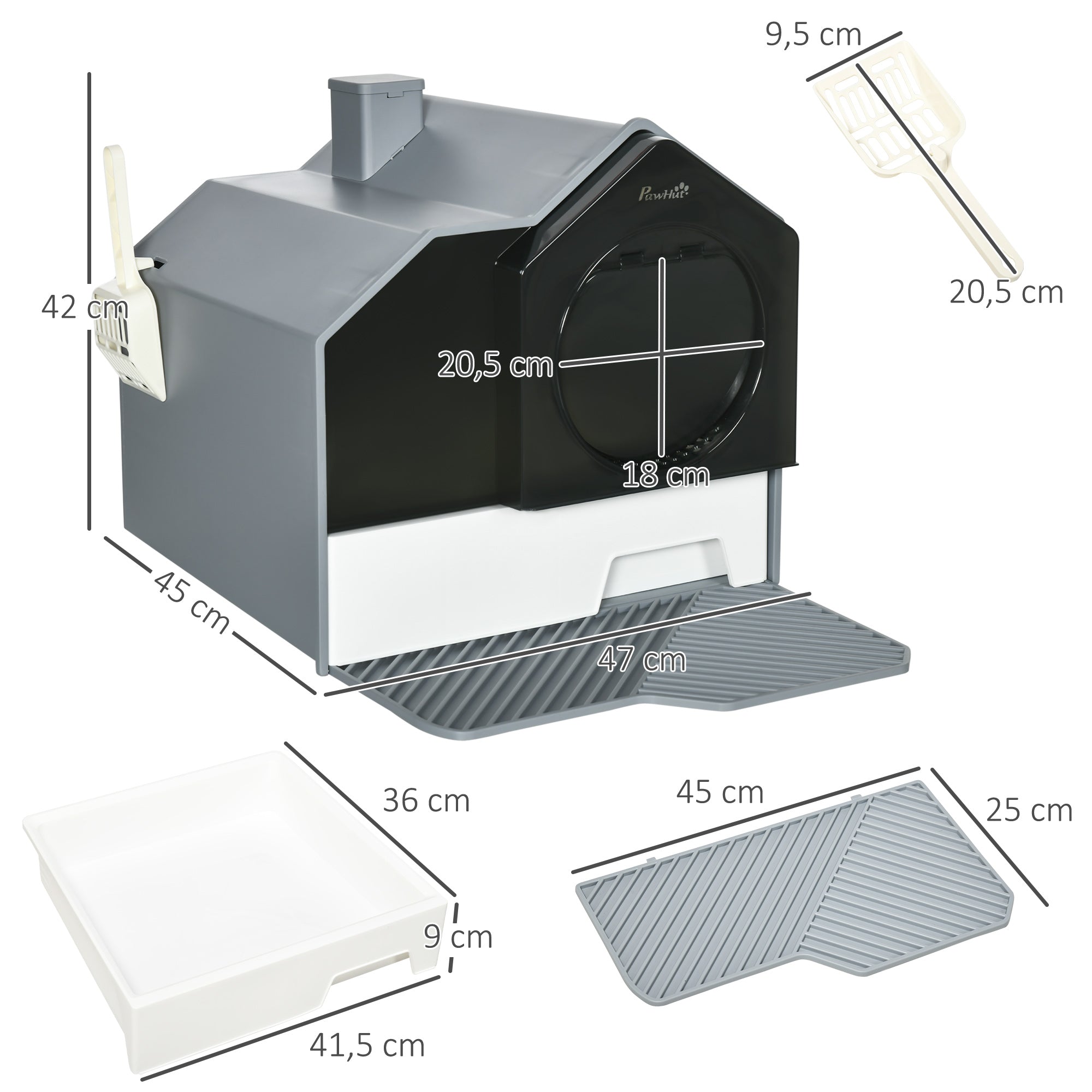 PawHut Katzentoilette im niedlichen Design, 1 Siebvorleger, 1 Streuschaufel, herausnehmbare Bodenwanne, Grau