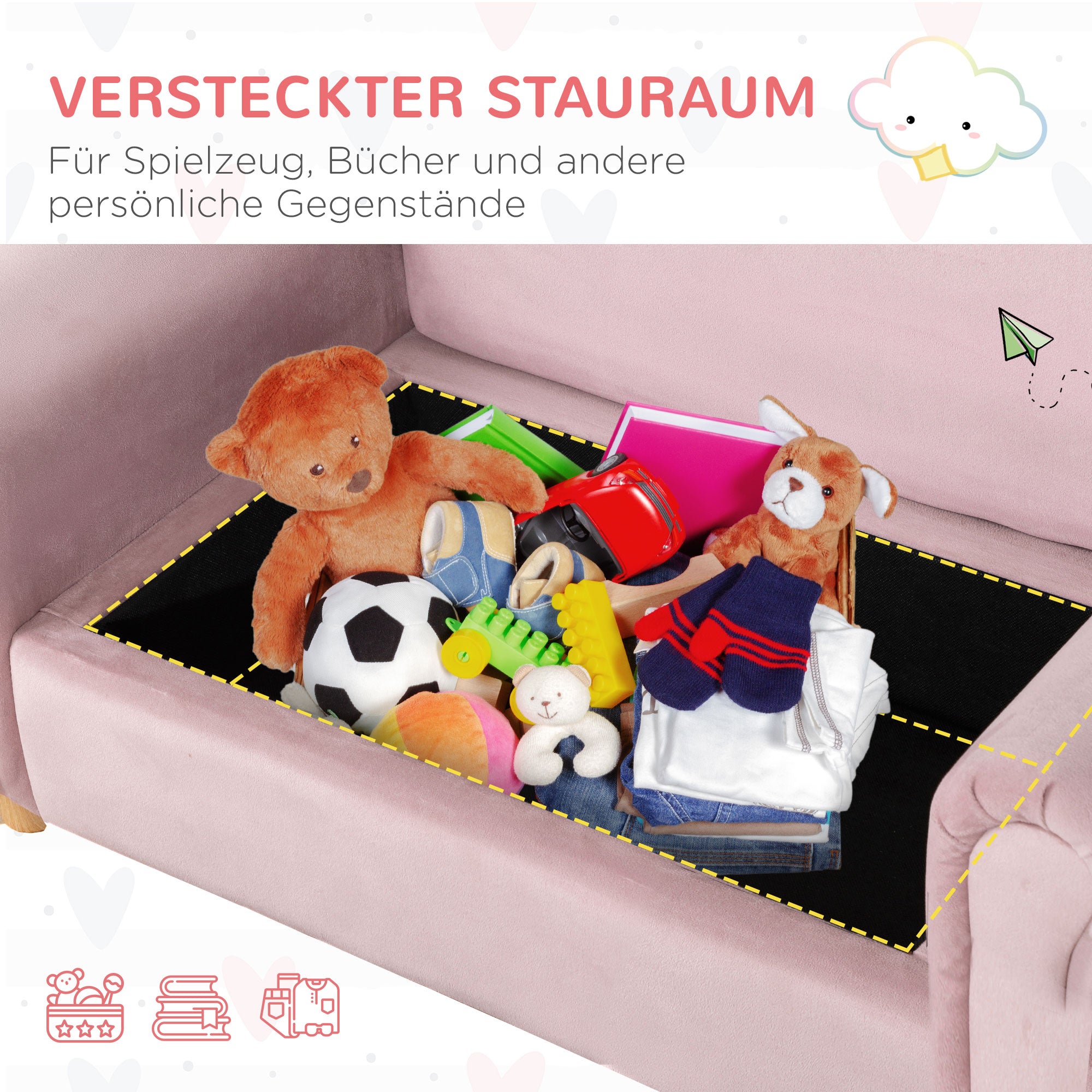 HOMCOM Kindersofa, Zweisitzer für Kinder 3-5 Jahre, Stauraum, Naturholzrahmen, 84 x 41,5 x 48,5cm, rosa