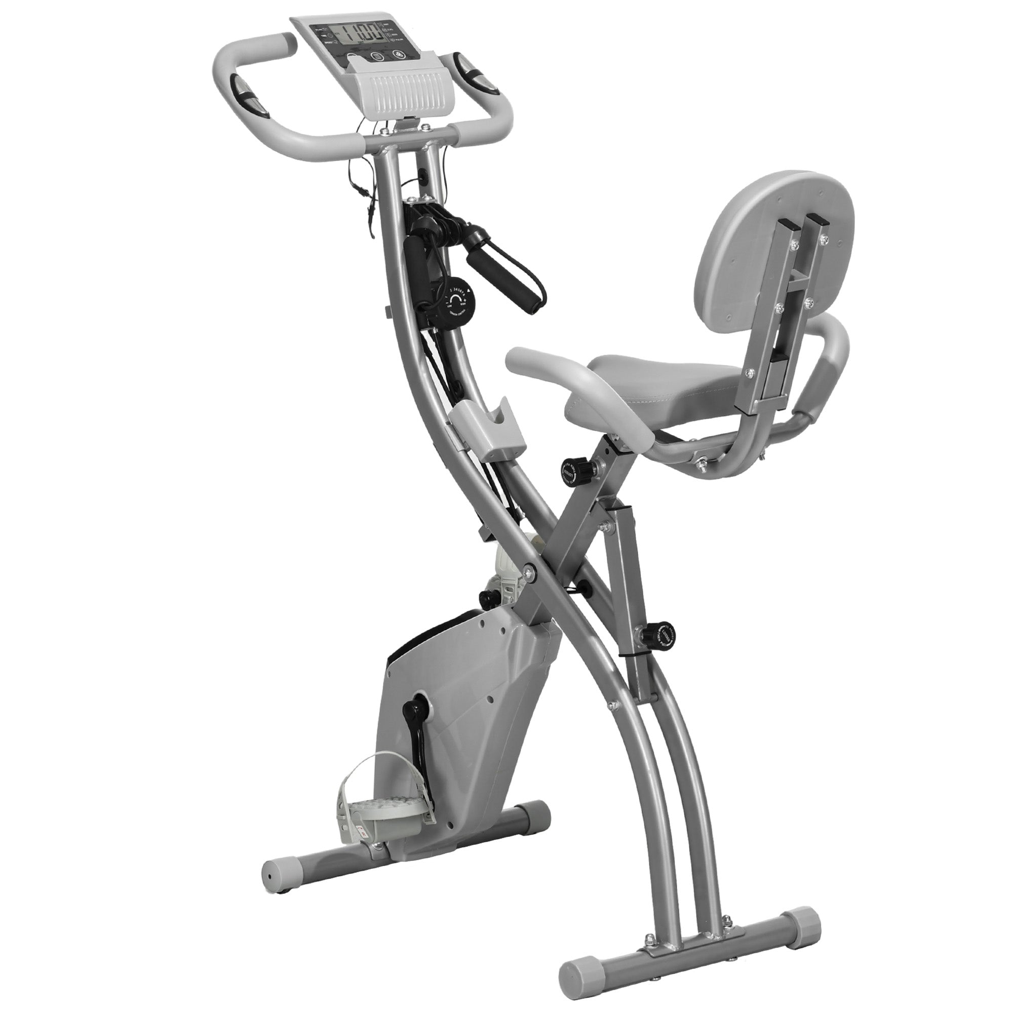 HOMCOM Heimtrainer X-Bike 2-in-1 Fahrradtrainer mit LCD-Display,Pulsmesser, klappbarer Hometrainer Trimmrad mit 8 stufig Magnetwiderstand, 1 Paar Spannseil, Stahl Grau 105x48x118 cm
