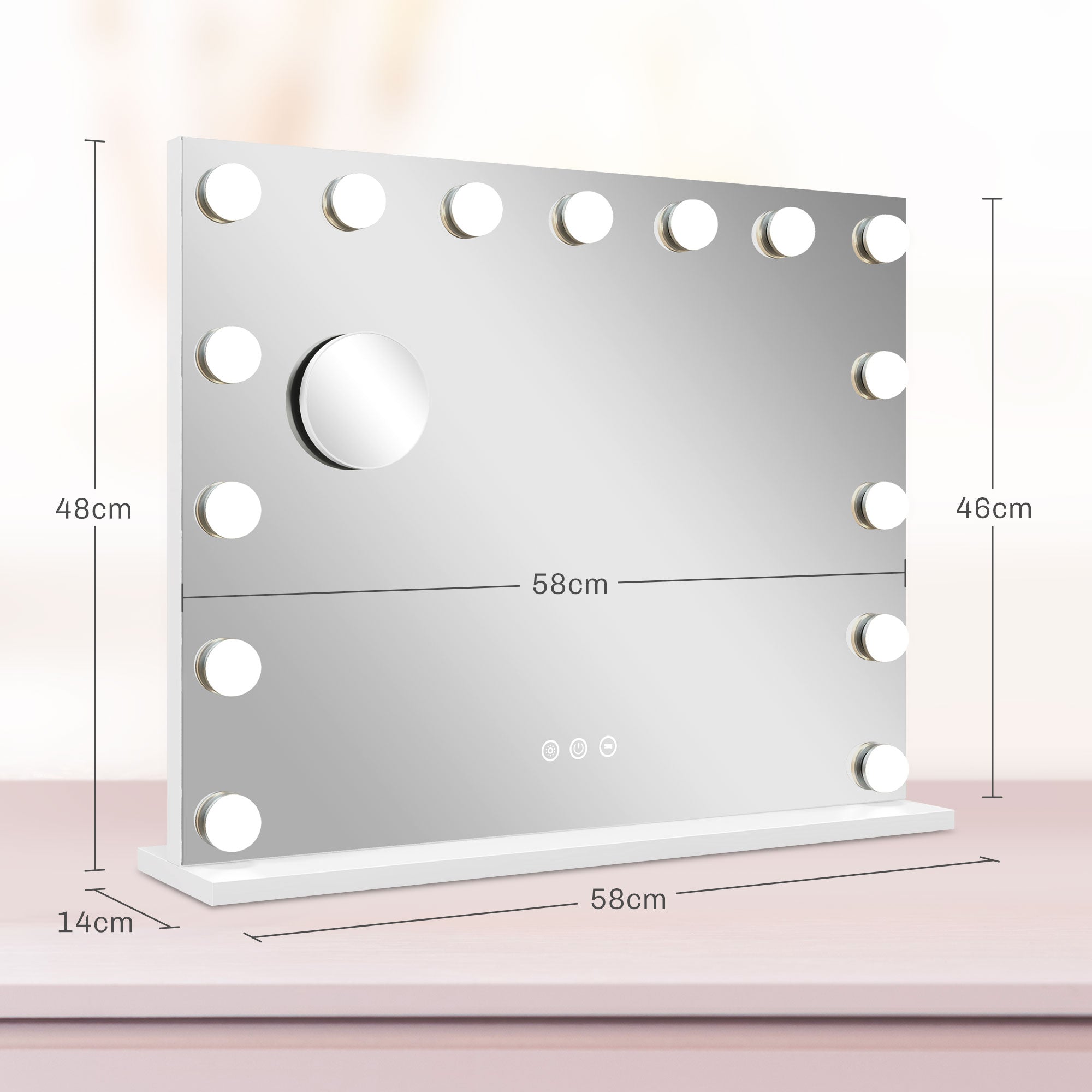 HOMCOM LED-Kosmetikspiegel, 3 Lichtmodi, dimmbar, Touch-Steuerung, USB, 58x48cm, Weiß