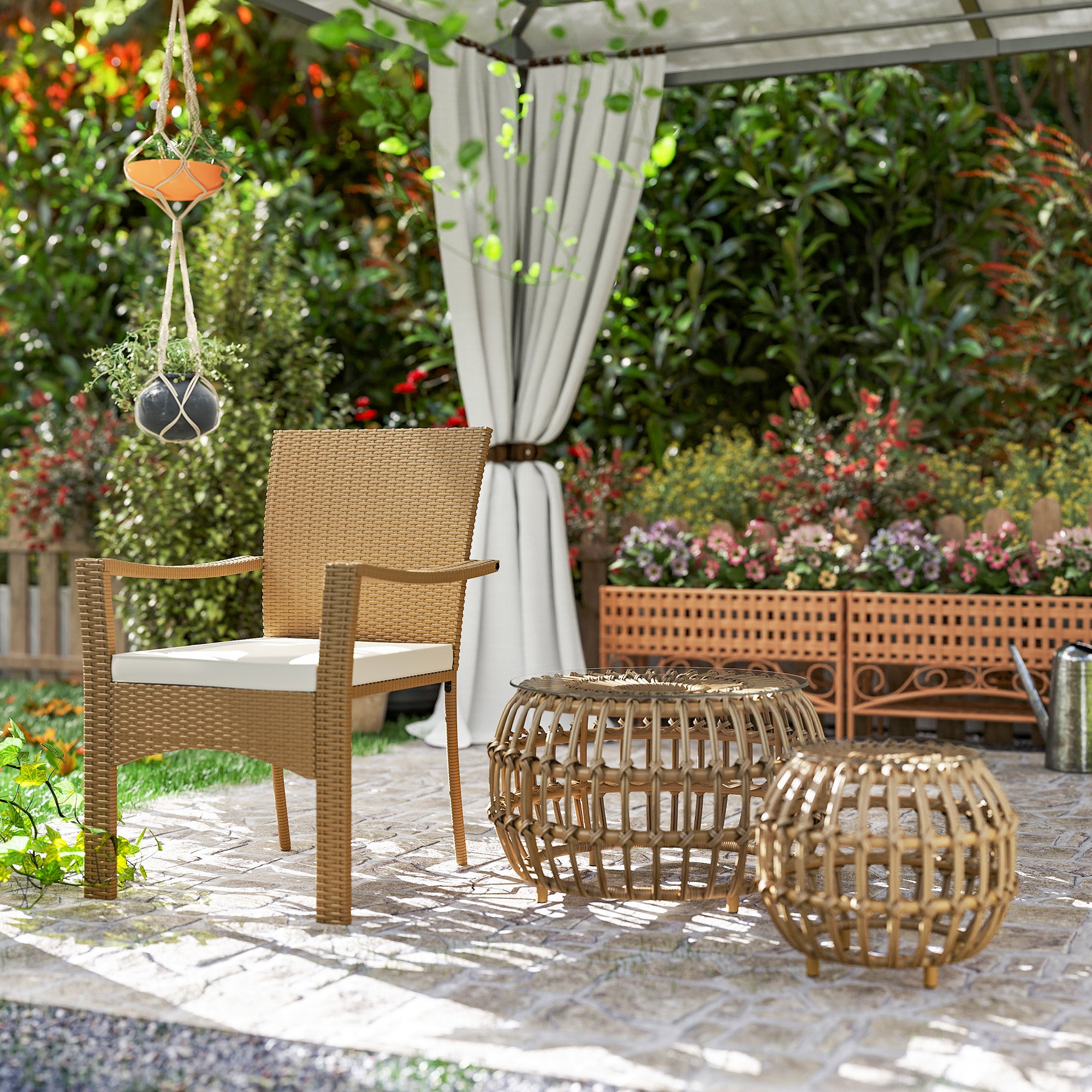 Outsunny 2er Set Beistelltisch Polyrattan Ø66/42 cm rund wetterfest Gartentisch mit Glasplatte Braun