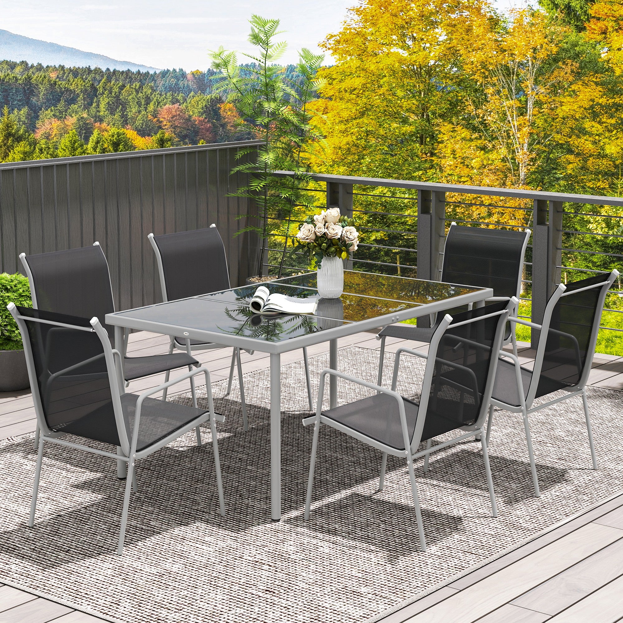 Outsunny Sitzgruppe 7-teilig Essgruppe für 6 Personen Esstisch mit 6 stapelbar Stühlen Glastisch Schwarz