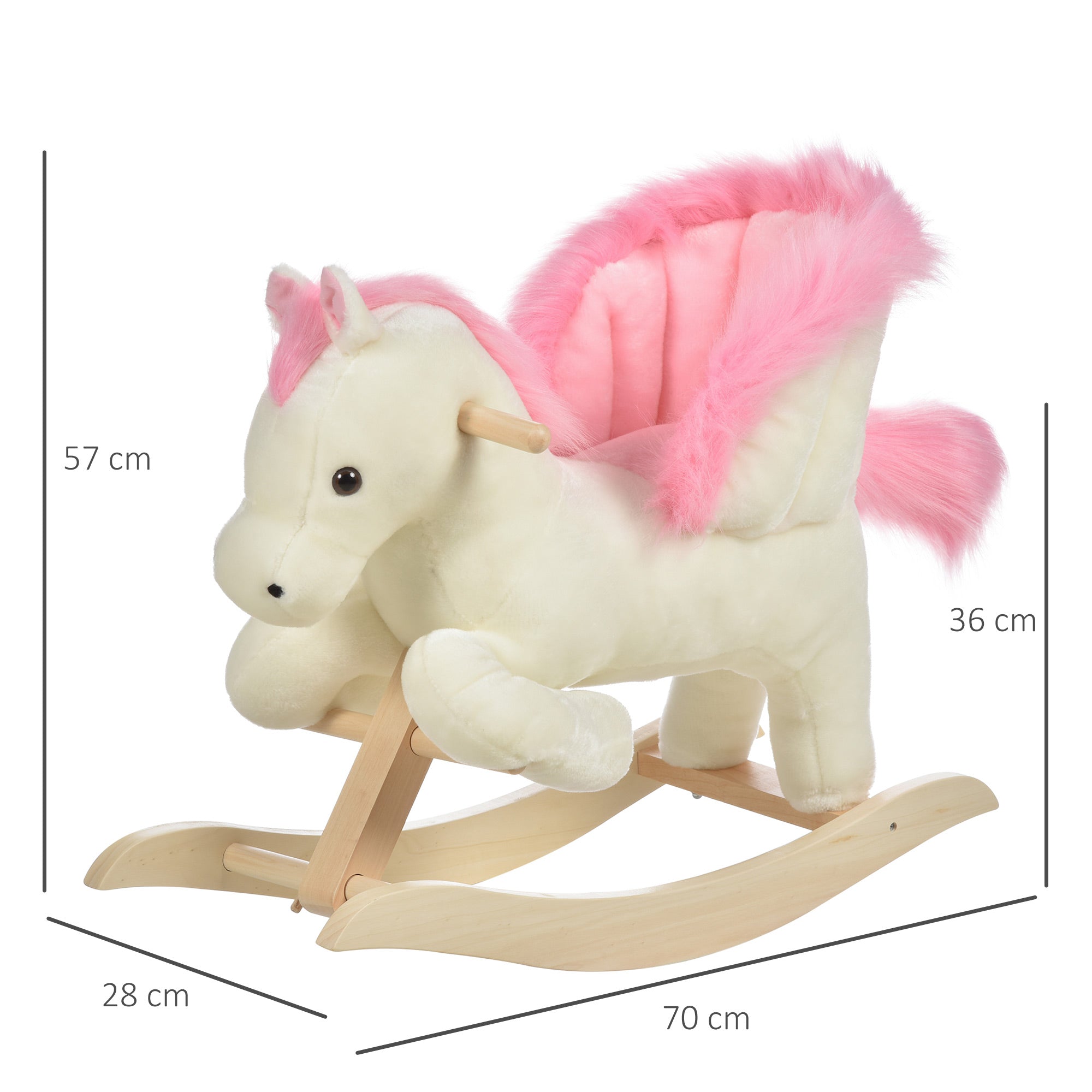 HOMCOM Kinder Schaukelpferd Baby Schaukeltier Pferd mit Tiergeräusche Spielzeug Haltegriffe für 18-36 Monate Plüsch Weiß+Rosa 70 x 28 x 57 cm
