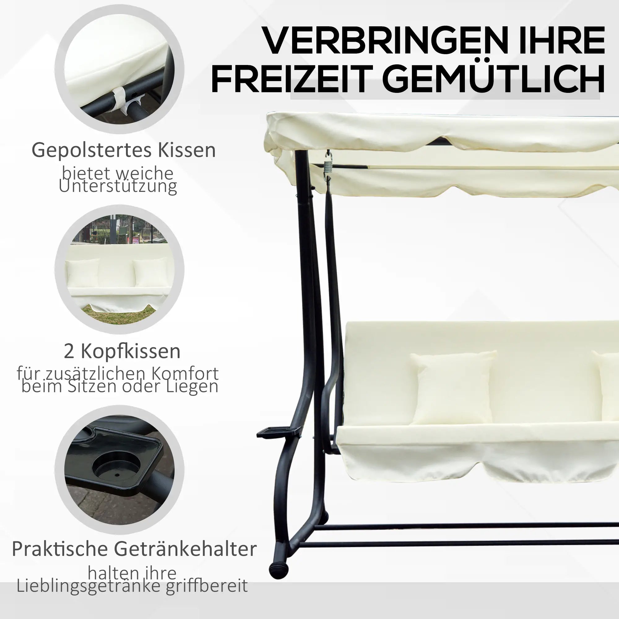 Outsunny Hollywoodschaukel 3-Sitzer Bettfunktion UV-Schutz Cremeweiß