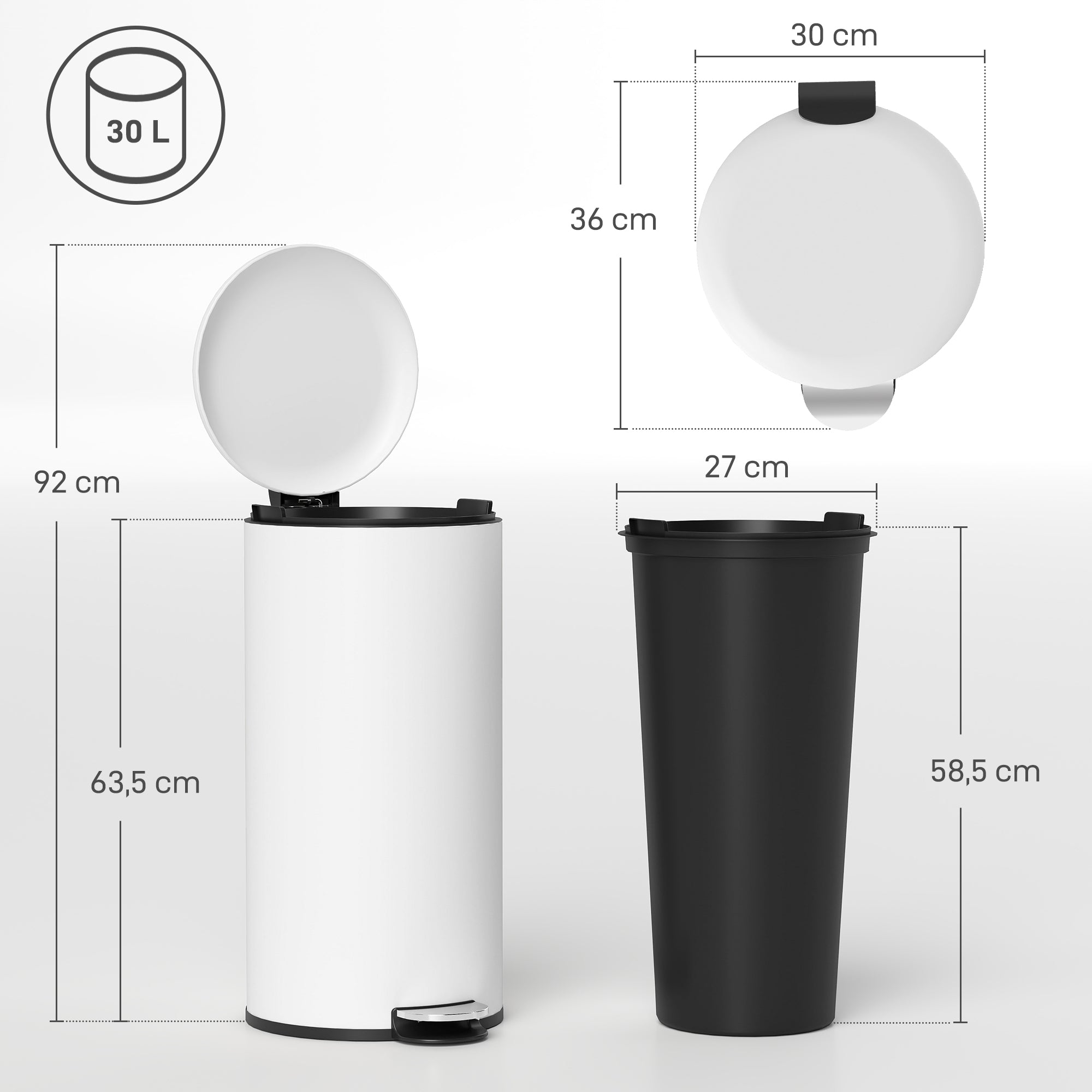 HOMCOM Mülleimer 30L, Treteimer, einrastbarer Deckel, Pedal, fleckenresistent, Cremeweiß