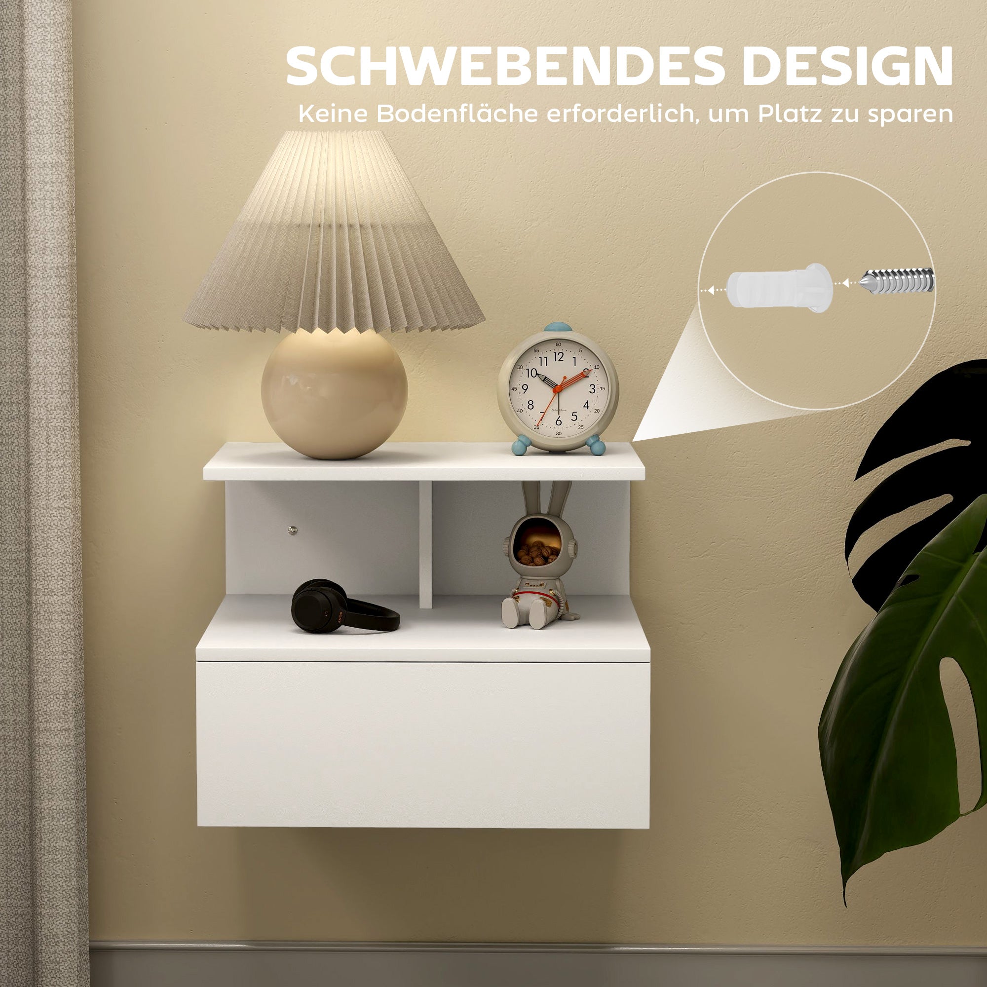 HOMCOM Nachttisch hängend Beistelltisch mit Schublade, offenes Fach Weiß, 39,8 x 35 x 31,6 cm