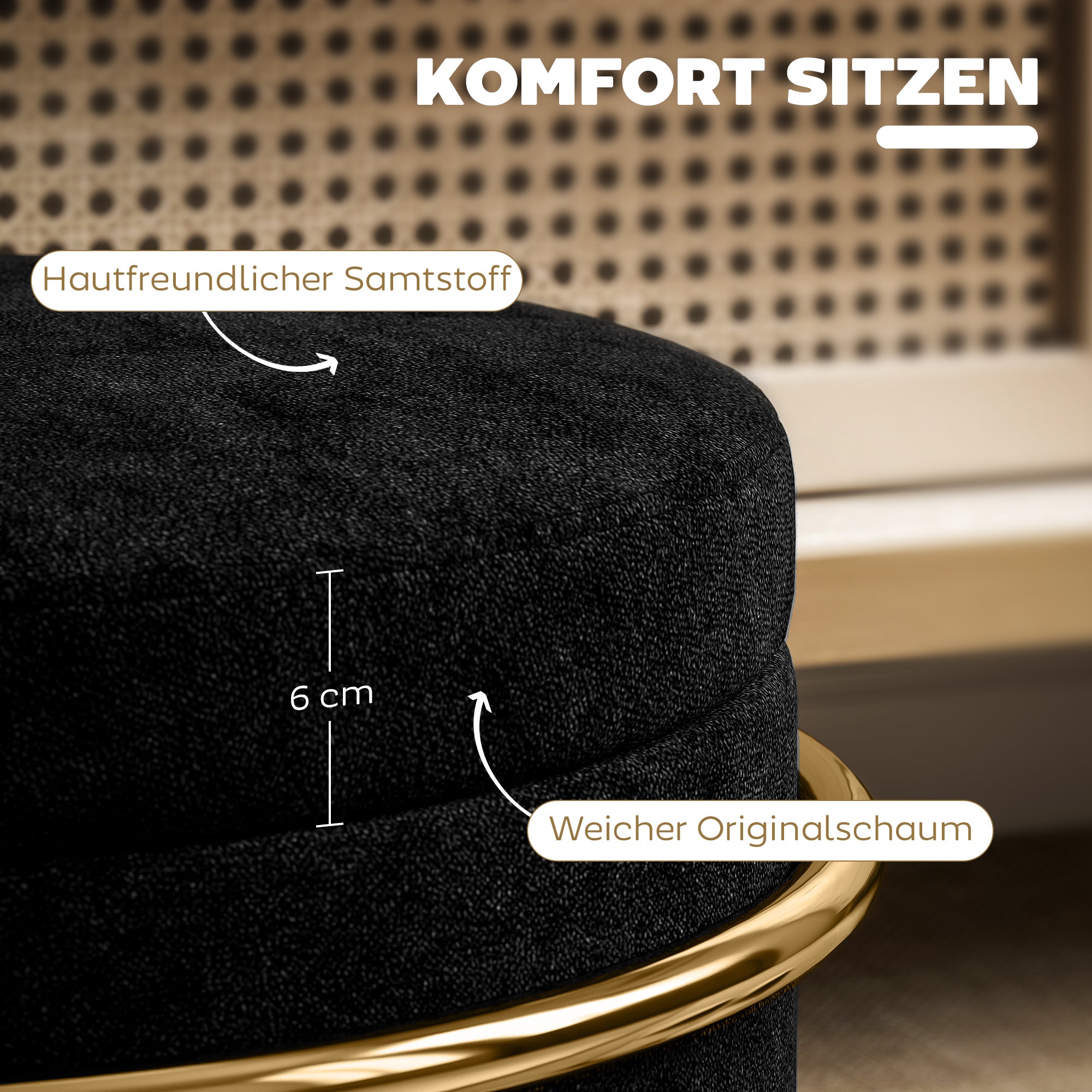 HOMCOM Sitzhocker mit Stauraum, gepolsterter Fußhocker, Metallrahmen, vergoldet, Schwarz