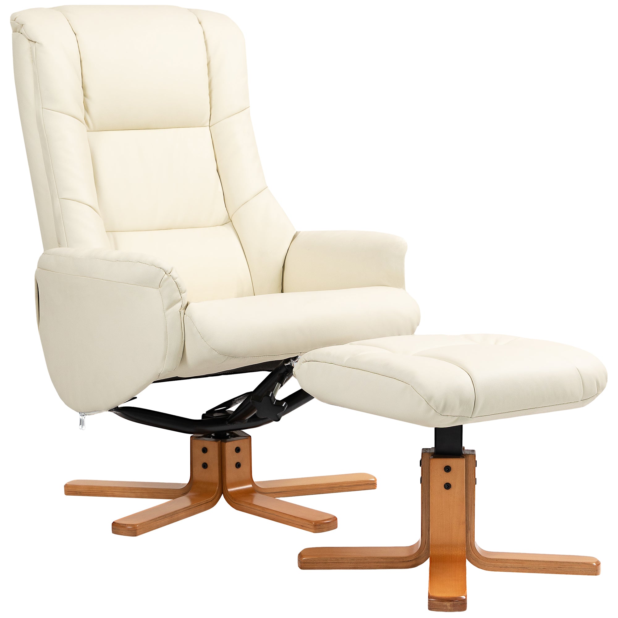 HOMCOM Relaxsessel mit Hocker, Liegefunktion, Kunstlederbezug, bis 150 kg, 71 x 84 x 102 cm, Cremeweiß