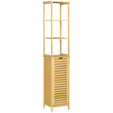 kleankin Badschrank, Hochschrank, drei Regalböden, ein Schrankfach mit Lamellentür, Kippschutz, Bambus, 34 x 30 x 173cm, 34cm x 30cm x 173cm