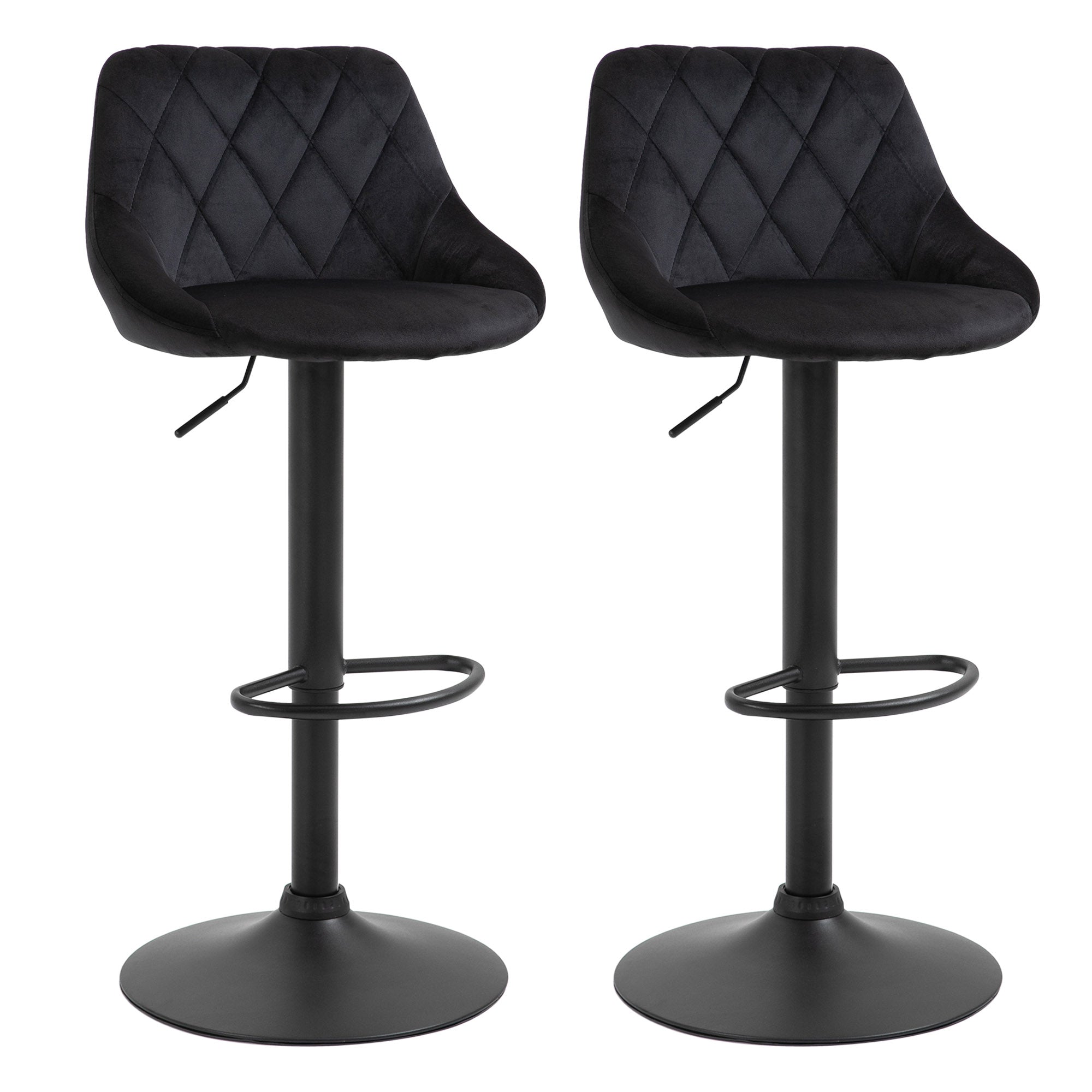 HOMCOM Barhocker 2er-Set Barstuhl mit Lehne, Samt-Optik, Stahlgestell, Höhenverstellbare Küchenstühle mit Fußstütze Drehbar Tresenhocker, Schwarz