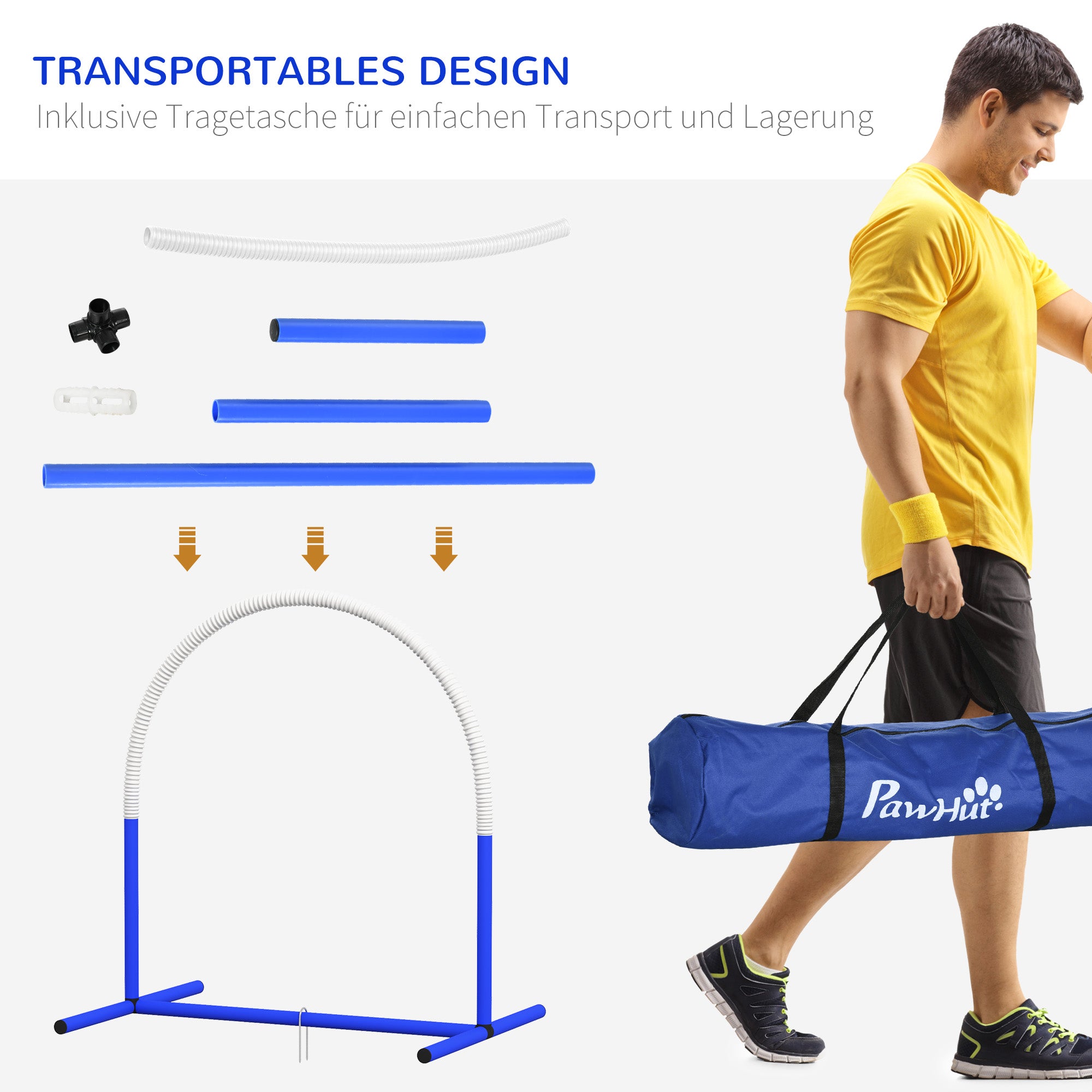 PawHut Agility-Set für Hunde, Hundetraining, 4 Bögen, für Einsteiger, mit Tragetasche, blau+weiß, 88 x 64 x 95cm