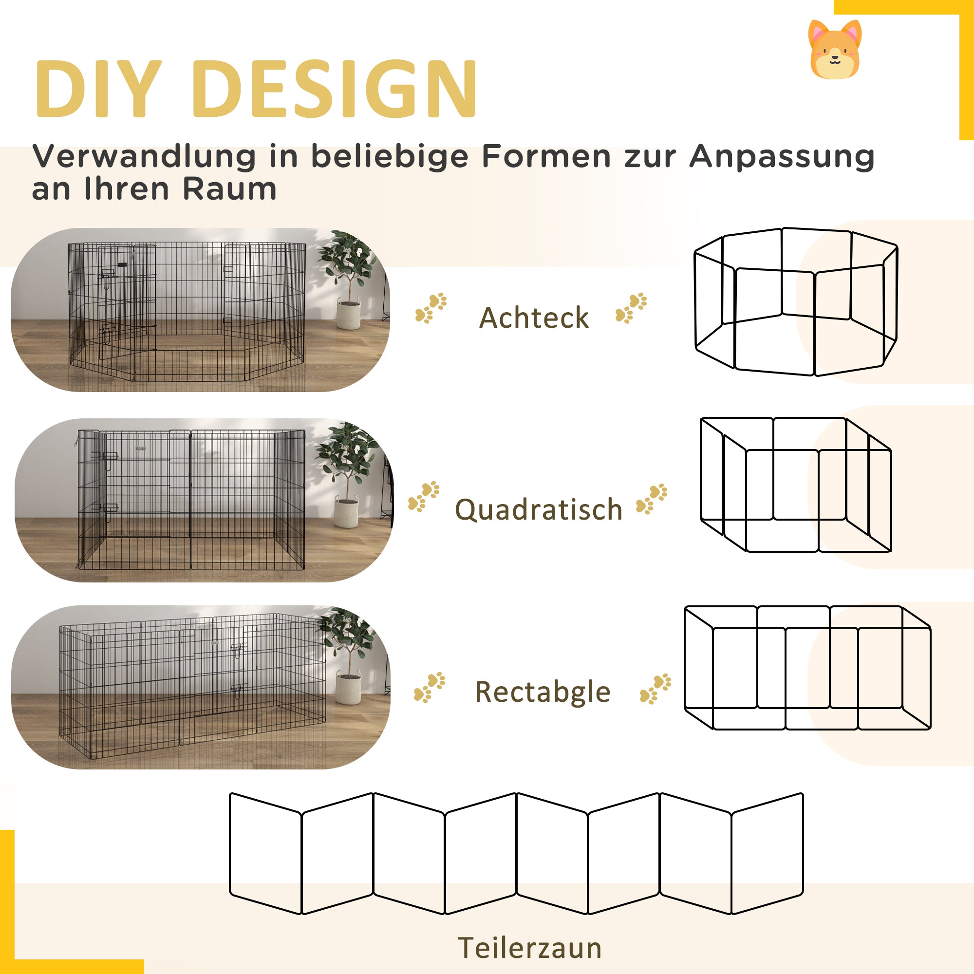 PawHut Haustierlaufstall, Spielgehege für Welpen und kleine Hunde, mit Tür, Indoor- und Outdoor-tauglich, 76 cm, Schwarz