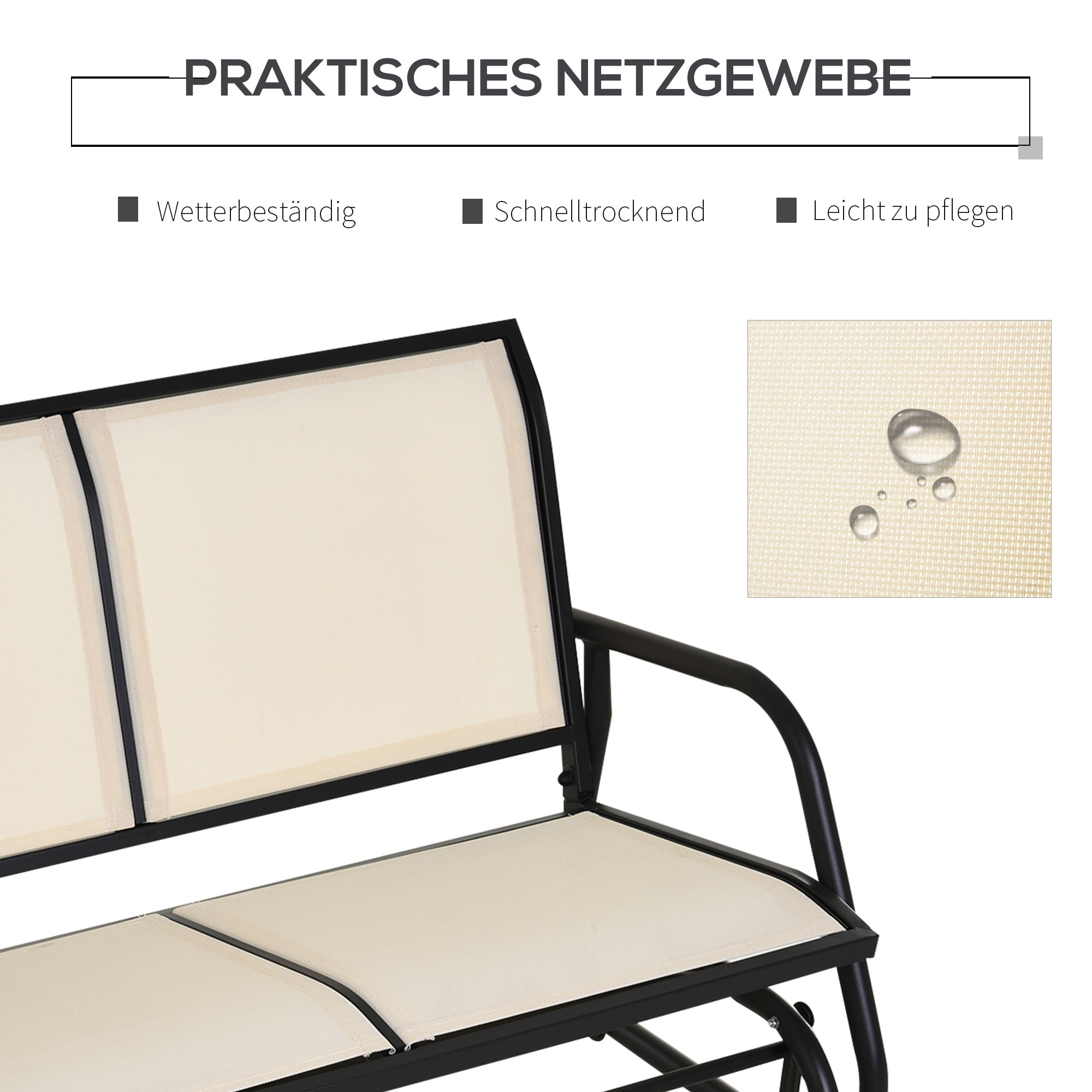 Outsunny 2-Sitzer Schaukelstuhl Gartenbank mit Schaukelmechanismus Gartenschaukel Sitzbank aus Metall Parkbank bis 200 kg belastbar Gartenmöbel für Garten, Terrasse, 120 x 70 x 85 cm Schwarz+Beige